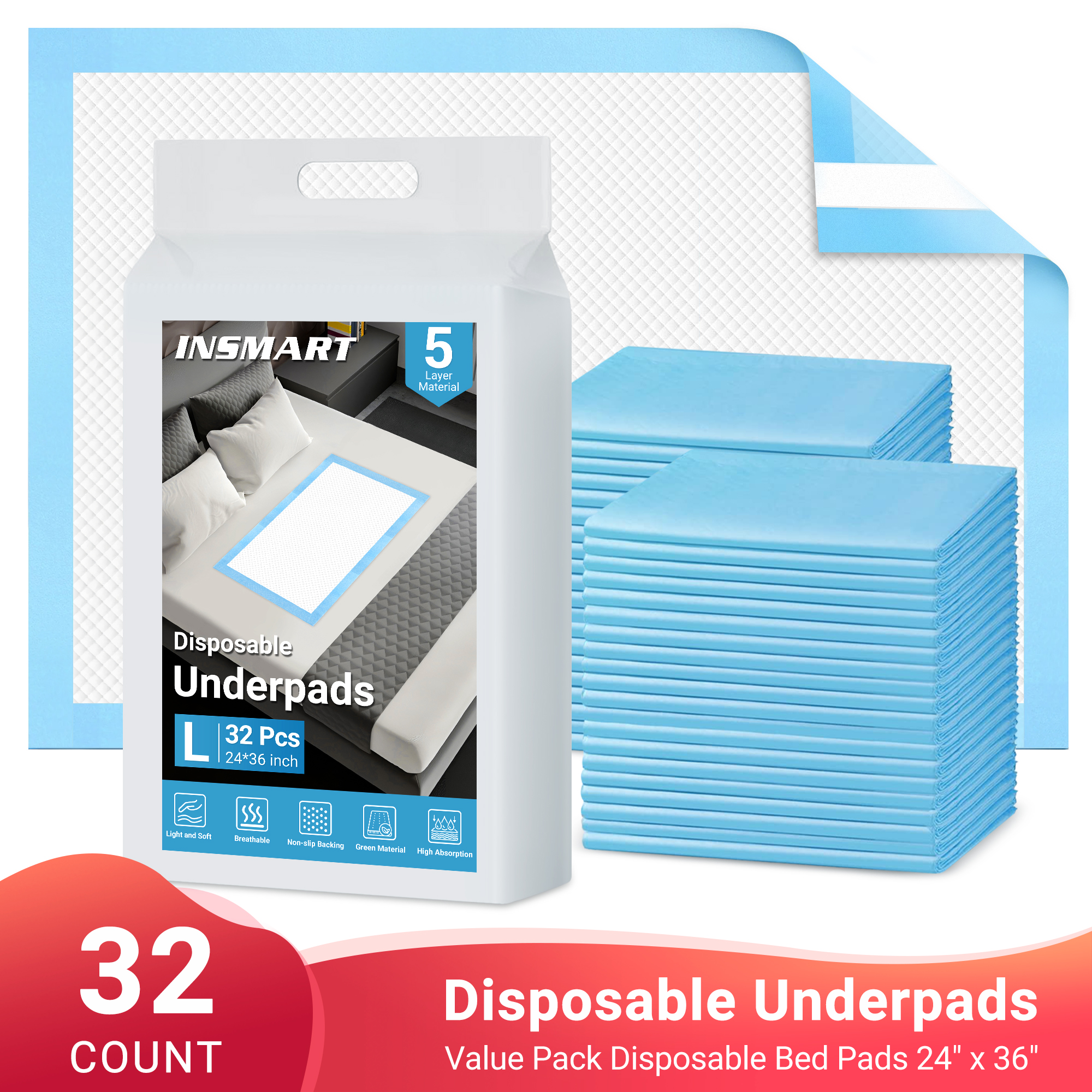 thumbnail video image 2 of INSMART Bed Pads for Incontinence Disposable 24'' X 36'' , 32 Count Disposable Incontinence Bed Pads,Waterproof Bed Pads-Super Absorbent Protection(Upgrade Tape), 2 of 7