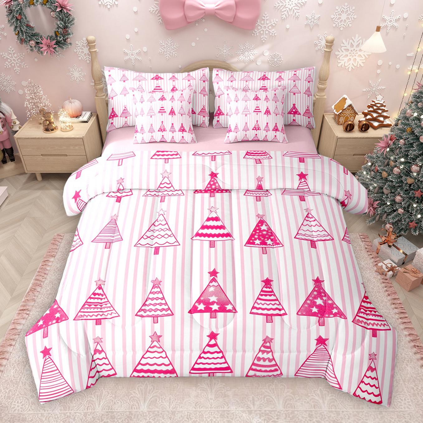thumbnail video image 2 of Manfei Merry Christmas 7pcs Bedding Comforter Set,Chic Xmas Tree Lantern Queen Bedding Sets,Pink White Queen Sheet Sets For Boys Kids,Ultra Soft Home Decor Reversible, 2 of 9