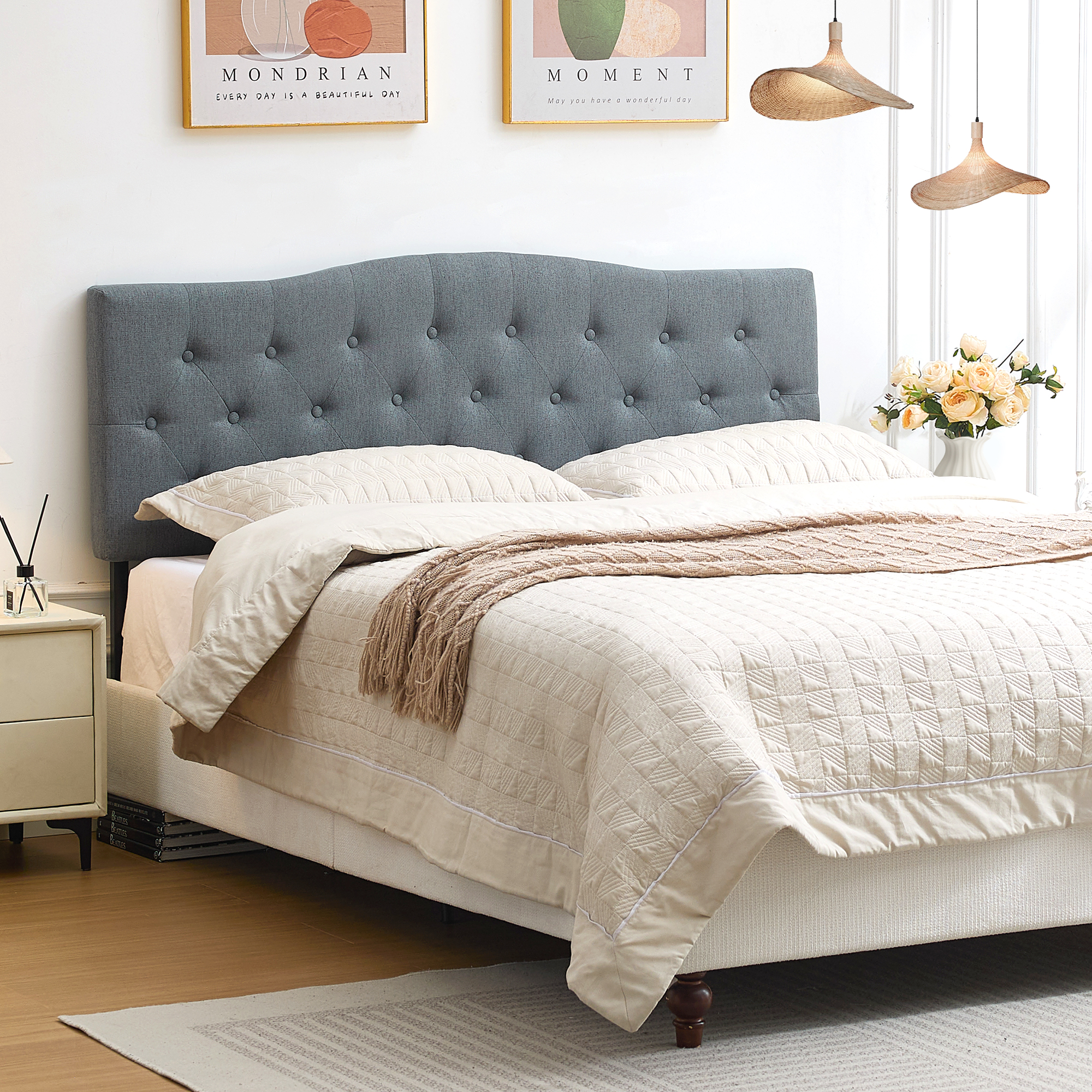 thumbnail video image 2 of JONPONY Tufted Upholstered Headboard King Size, Solid Wood Head Board with Durable Metal Legs, Adjustable Height Head Board, Grey, 2 of 9