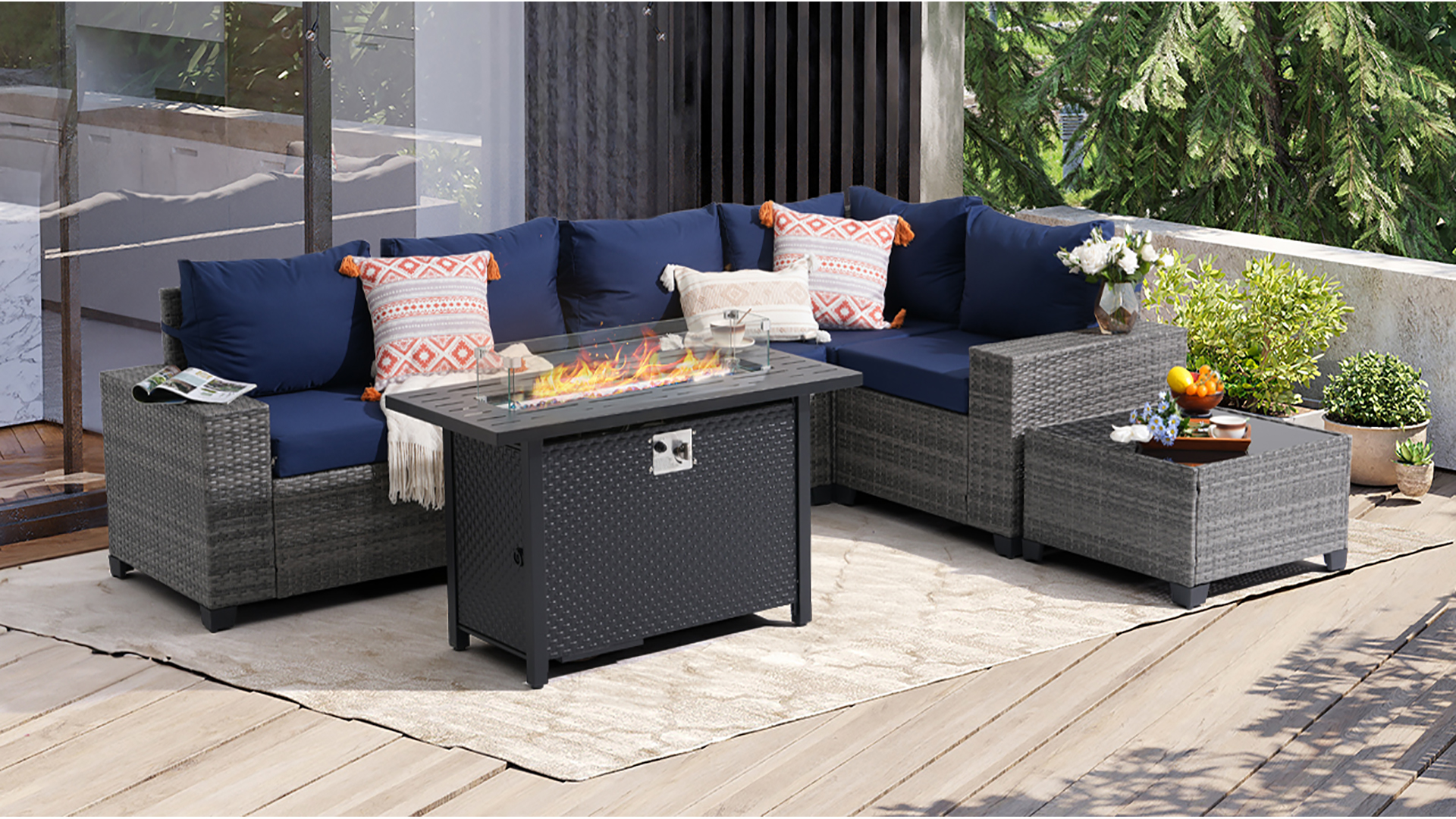 thumbnail video image 2 of JOIVI 7 Pieces Patio Furniture Set with 45" Fire Pit Table, Wicker Outdoor Conversation Set with Cushions, Rattan Sectional Sofa and Table Set with 50,000 BTU Gas Fire Pit, Navy Blue, 2 of 15