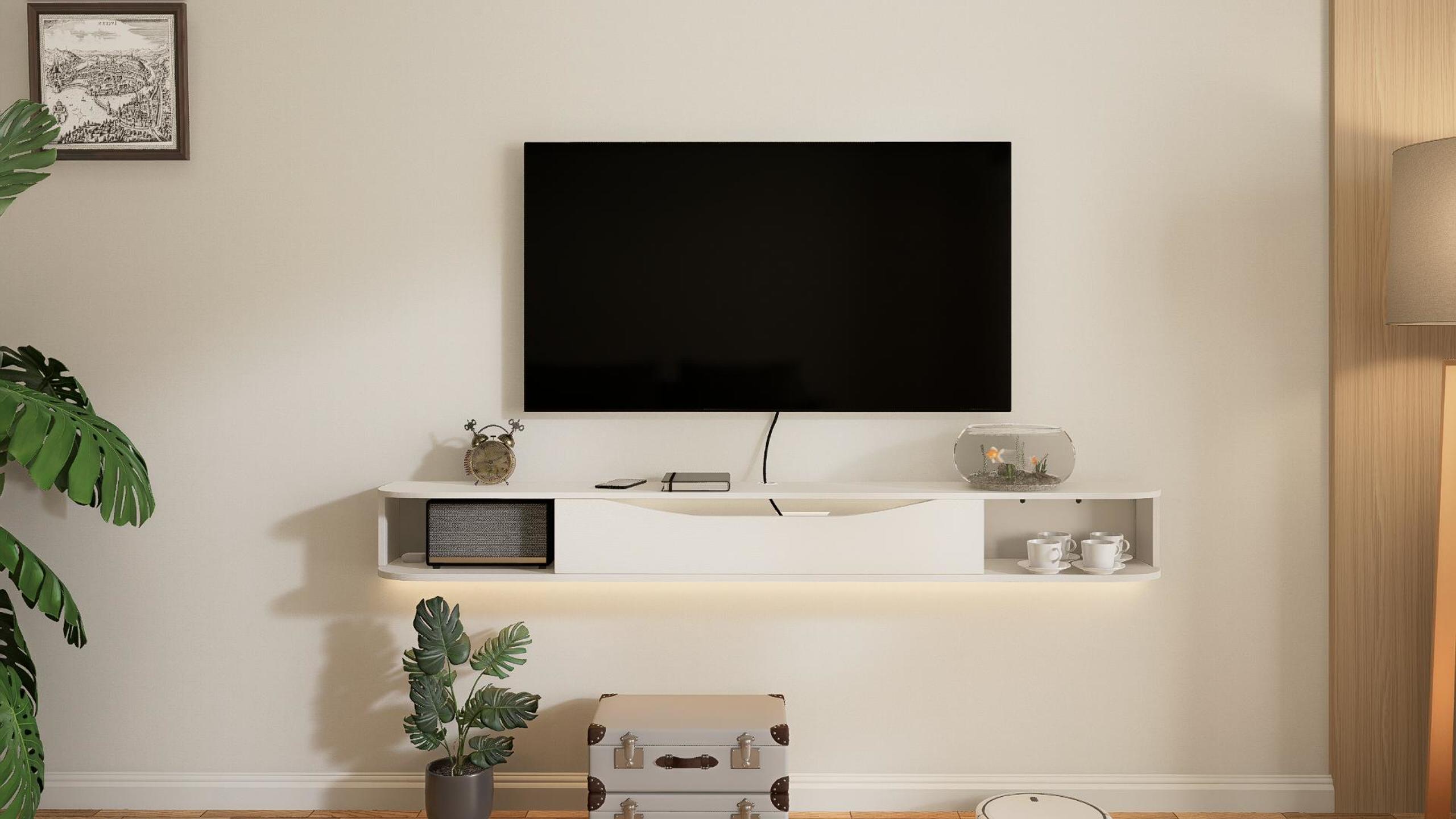 thumbnail video image 2 of FloatiCasa 94" Floating TV Stand Wall Mounted TV Console for TVs up to 100" Entertainment Center(White), 2 of 13