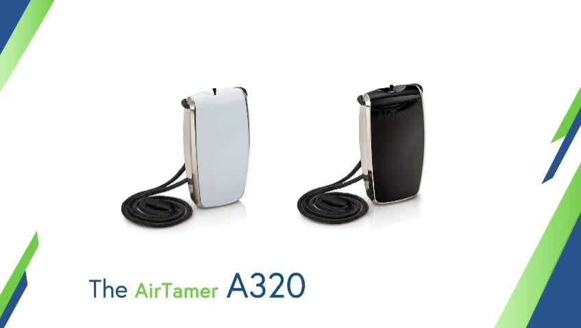 thumbnail video image 2 of AirTamer A320 Rechargeable Personal Air Purifier, Proven Performance, Virus and Pollutant Tested*, Black with Leather Travel Case, 2 of 8