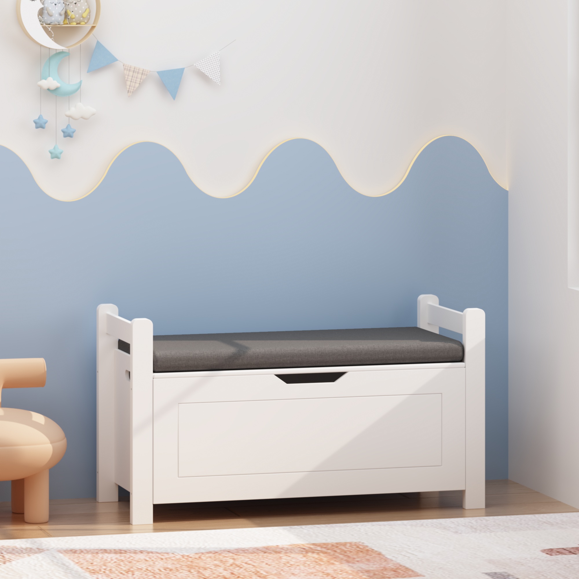 thumbnail video image 2 of Peispie Kids Toy Box Chest with Cushion Seat Bench, White Toy Storage Organizer Trunk, Large Cabinet with Flip-Top Lid & Safety Hinge for Nursery, Playroom, Bedroom, Grey, 2 of 10