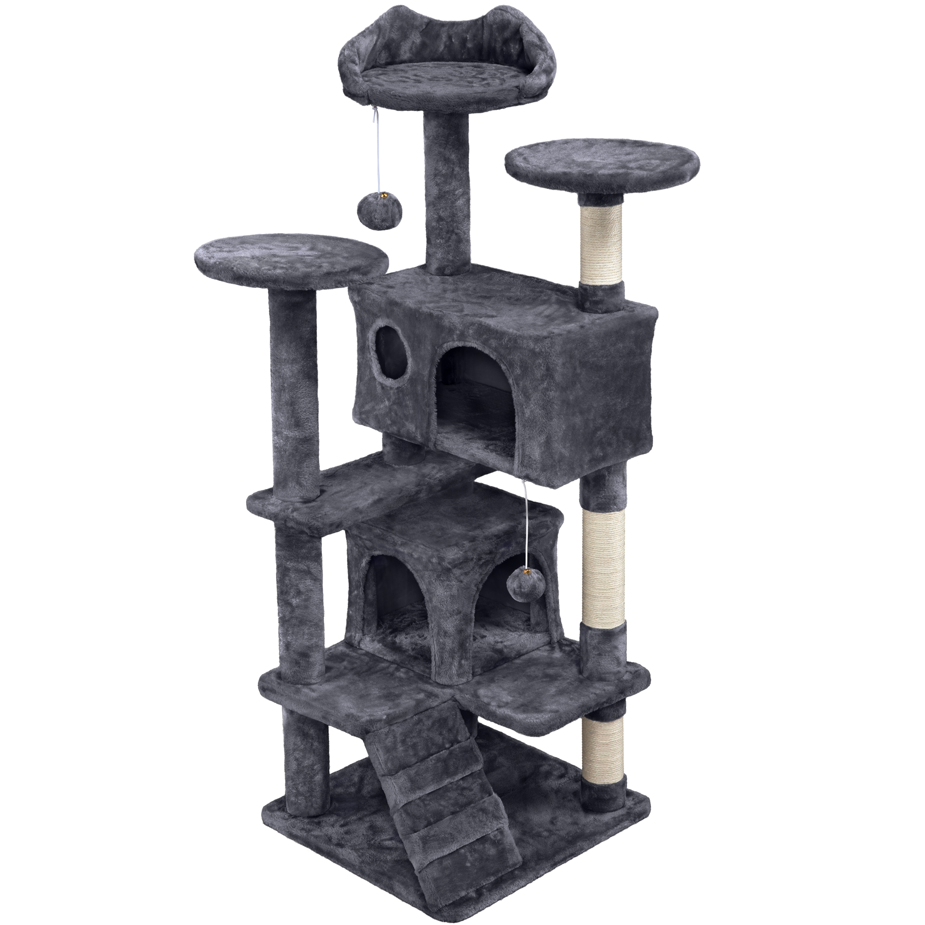 thumbnail video image 2 of Yaheetech 53.9" H Cat Tree with Double Condos, Scratching Posts & Toys, Dark Gray, 2 of 12