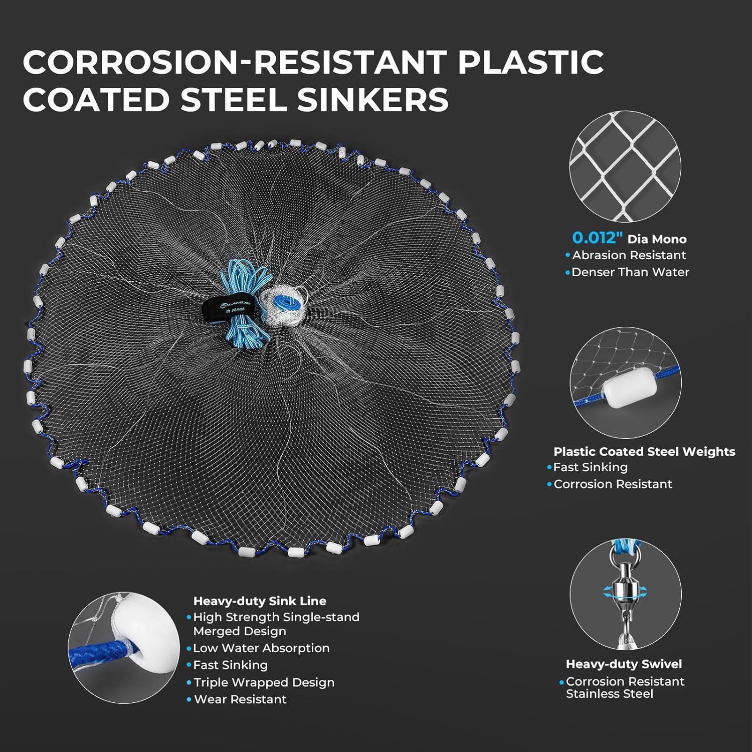 thumbnail video image 2 of Calamus Cast Net 3/8" Mesh for Freshwater and Saltwater,  Fishing Net 3–6ft Radius, Heavy-Duty Line, Bag & Repair Kit, 2 of 9