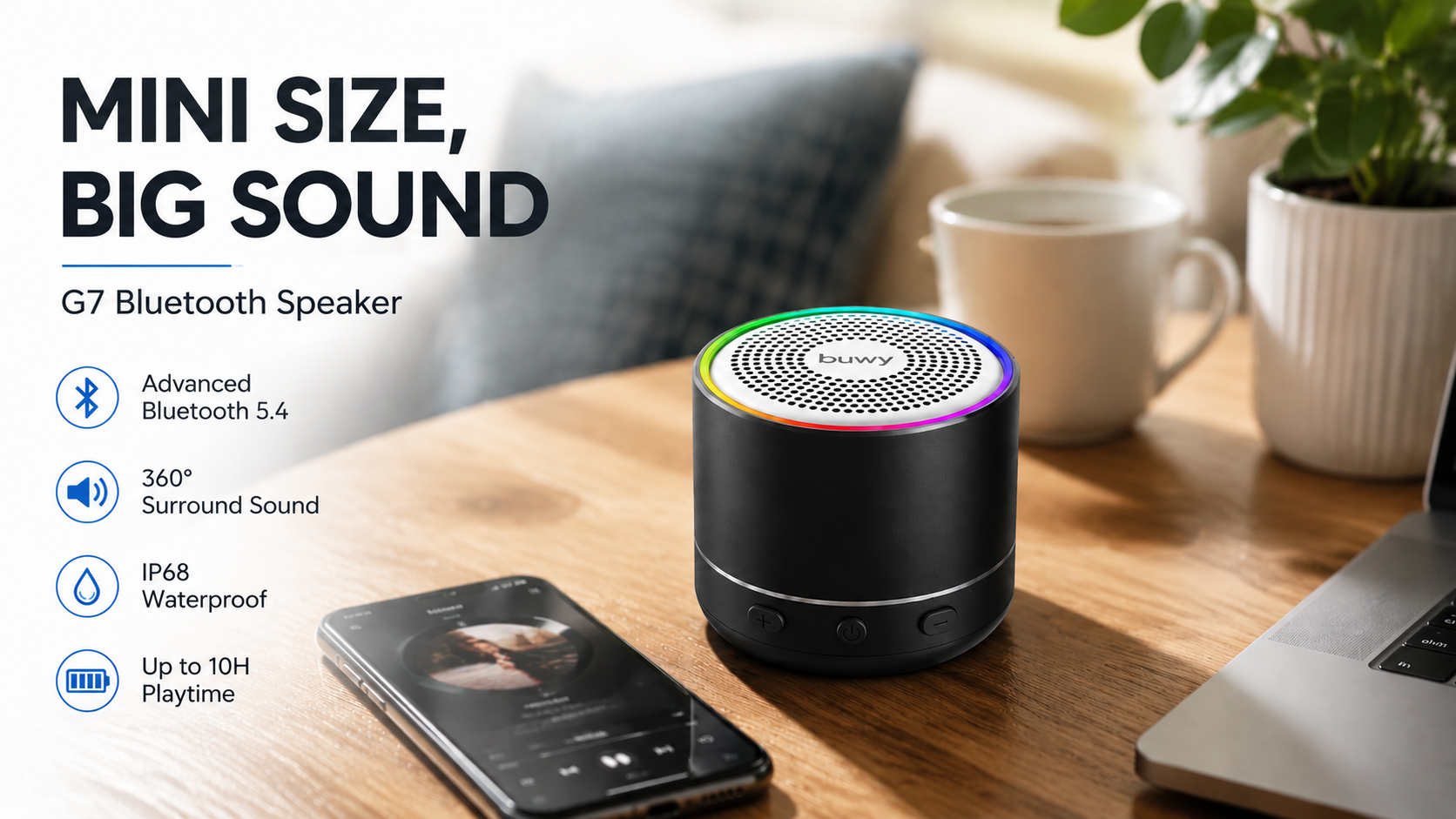 thumbnail video image 2 of Mini Portable Bluetooth Speaker, Small Wireless Speaker, Deep Bass with Mic, RGB Modes, 5.4 Mini Bluetooth Speaker, IP68 Waterproof, 8H Playtime, for Desk Travel, 2 of 9