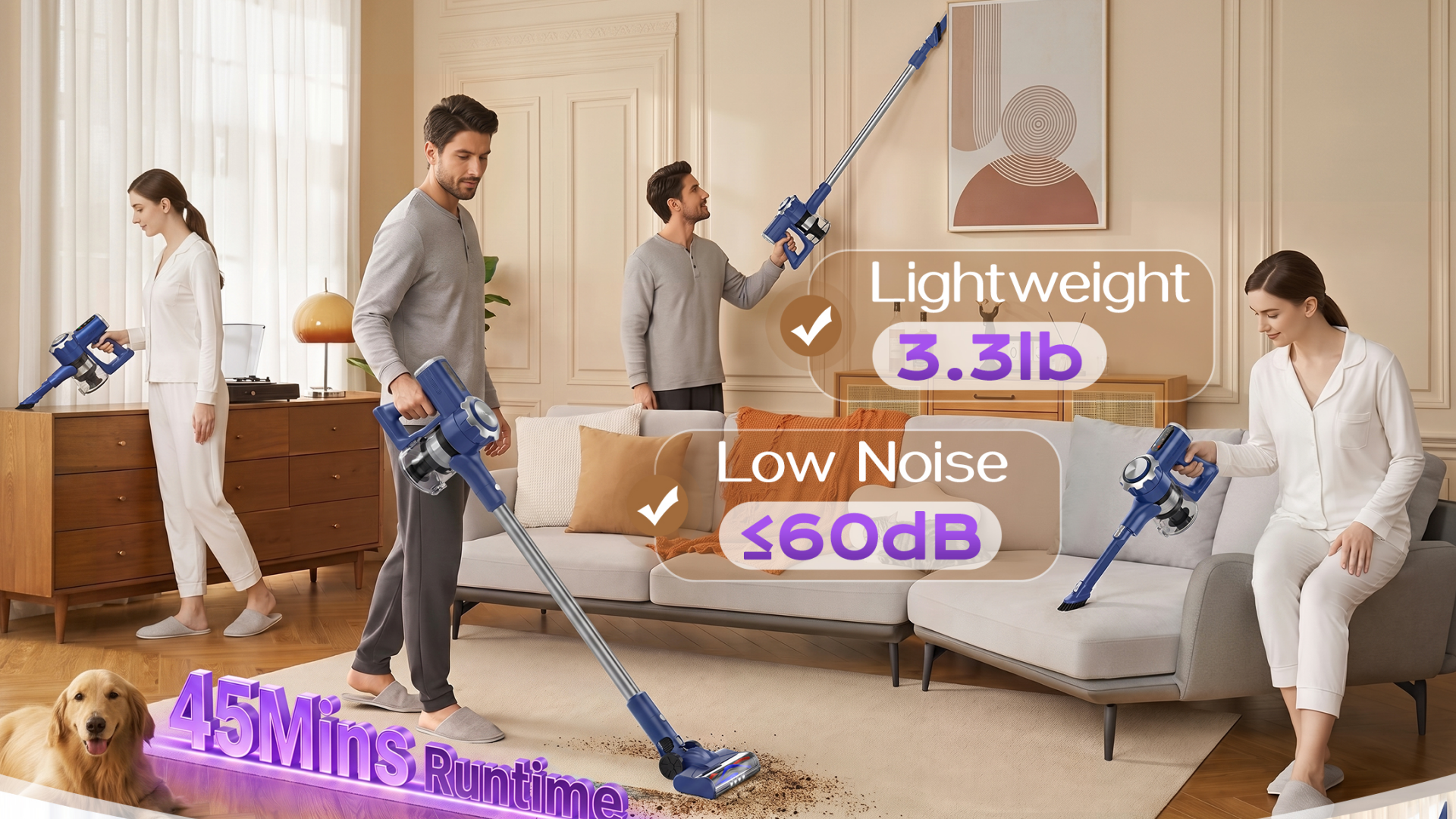 thumbnail video image 2 of WARIOUT 35KPA Cordless Stick Vacuum Cleaner, Lightweight Self-Standing Vacuum for Pet Hair, Carpet & Hardwood Floor, with 45Min Runtime, LED Display, HEPA Filtration and 6 Tools, 2 of 19