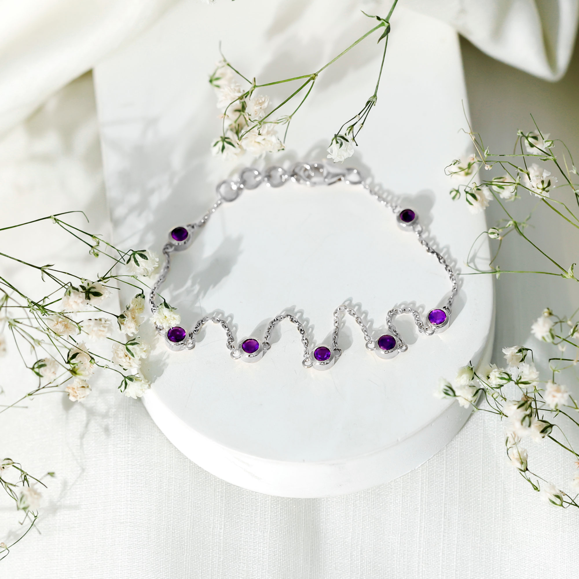 thumbnail video image 2 of Rosec Jewels - Real Amethyst Bracelet for Women - February Birthstone Station Bracelet for Women, 18K Yellow Gold, 7.0 inches, 2 of 8