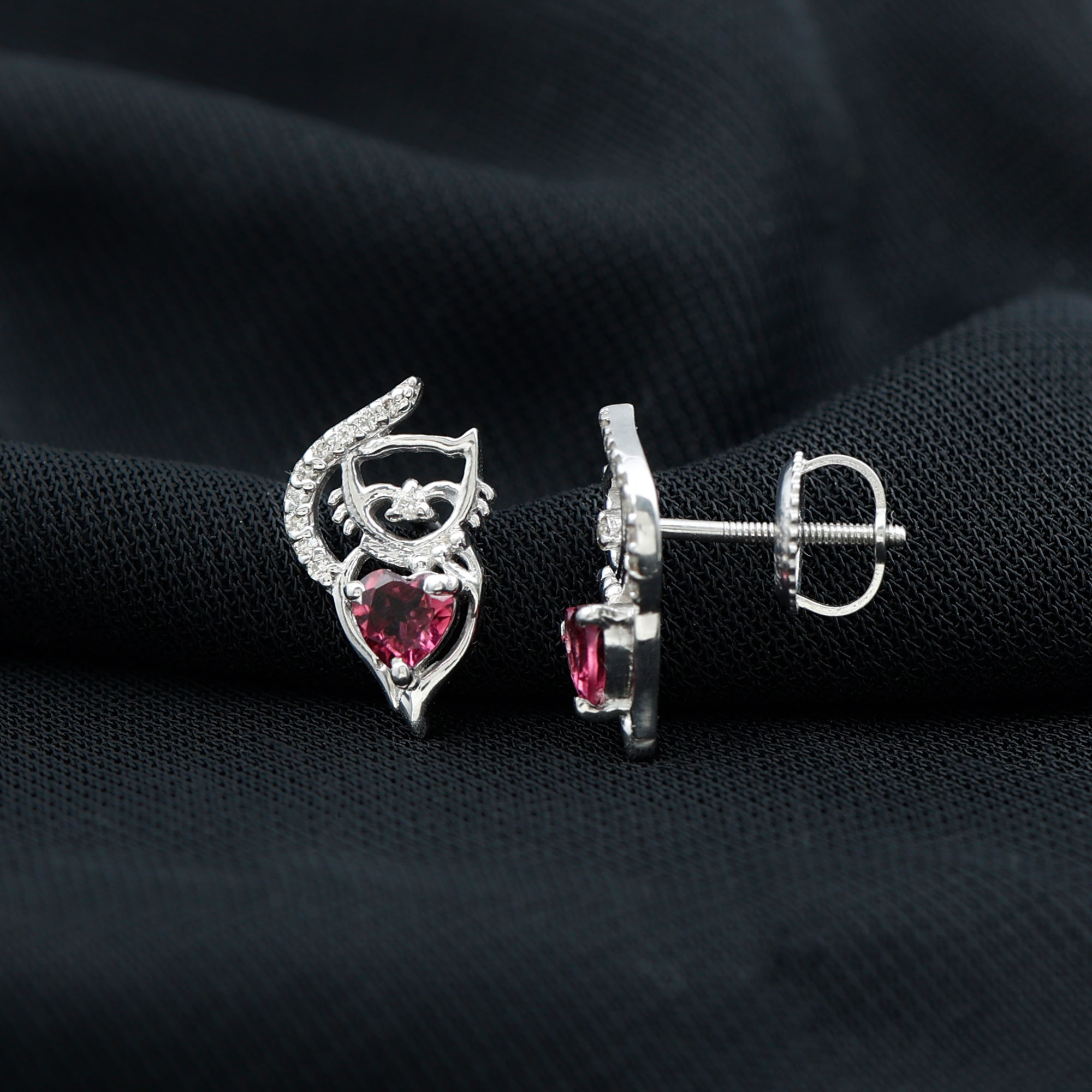 thumbnail video image 2 of Rosec Jewels Cat Stud Earrings for Women - Heart Shape Pink Tourmaline Earrings with Diamond, 925 Sterling Silver, 2 of 8