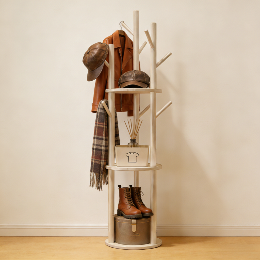 thumbnail video image 2 of LIXI Coat Rack with 3 Shelves and 9 Hooks, Coat Rack Freestanding for Hats, Coats, Scarves, Bags in Bedroom/Office/Entryway, White, 2 of 12