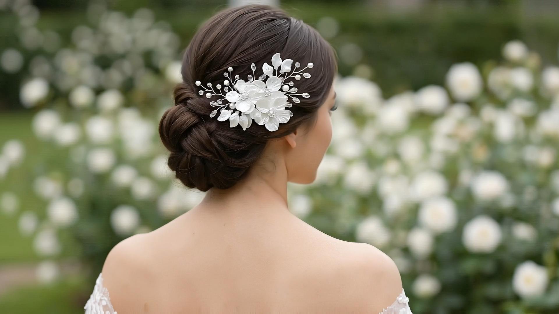 thumbnail video image 2 of MIALLO White Flower Wedding Bridal Bridesmaid Hair Clips, Marquise-cut Crystals Barrette for Women & Girls, 2 of 7