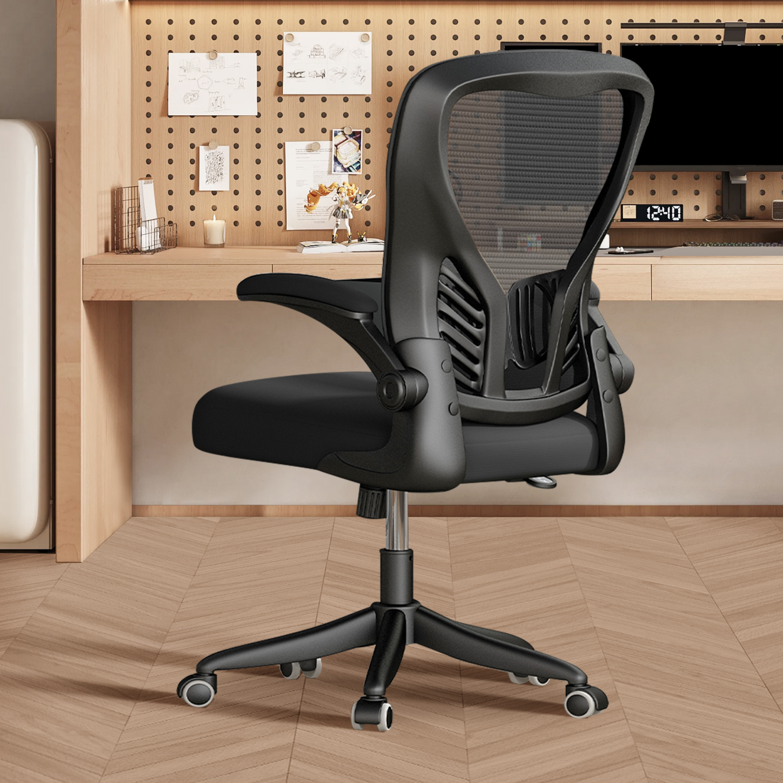 thumbnail video image 2 of Solfway Ergonomic Mesh Office Chair, Mid-Back Mesh Computer Desk Chair with Adjustable Height, Flip-Up Arms and Lumbar Support, Black, 2 of 7