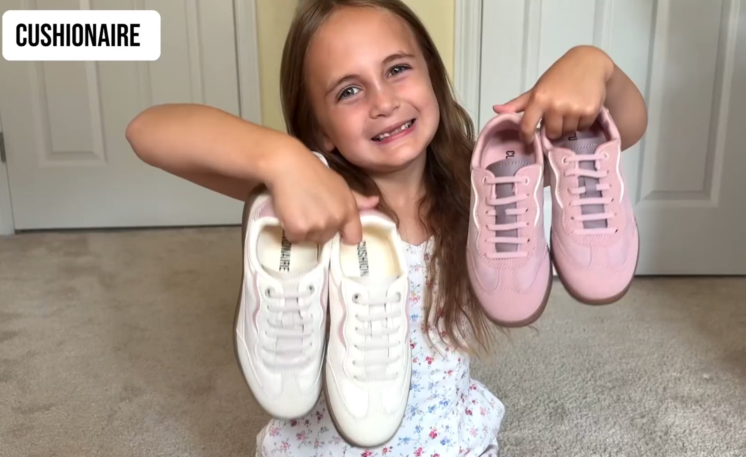 thumbnail video image 2 of Cushionaire Bonnie Girls Tennis Shoes Lightweight Lace-Up Kids Sneakers, 2 of 19