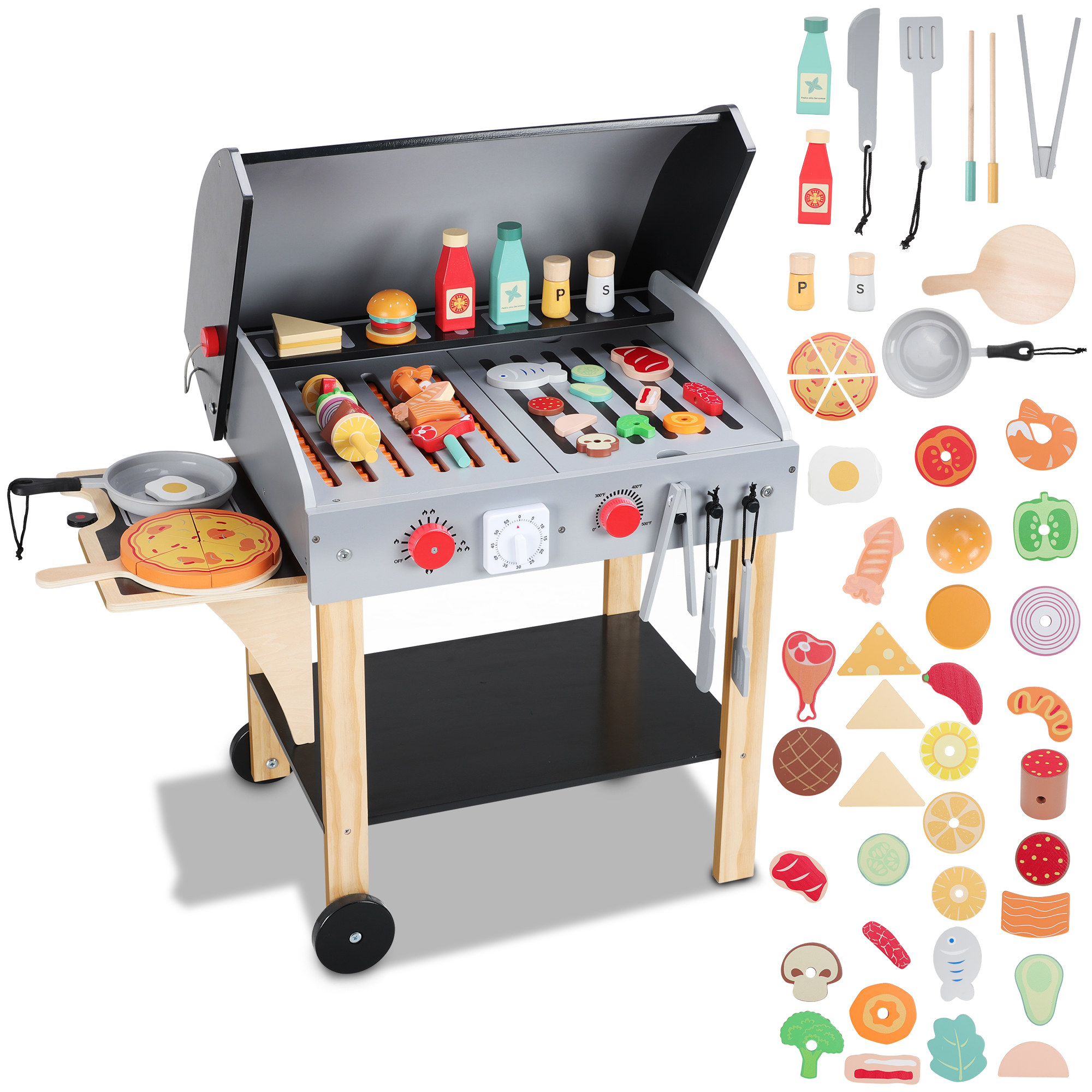 thumbnail video image 2 of iYofe Wooden Play Kitchen for Toddlers 1-3, 52 PCS Kids BBQ Grill Playset with Timer & Pretend Play Food Toys, Toy Grill Kitchen Set for Boys Girls Gifts, 2 of 9