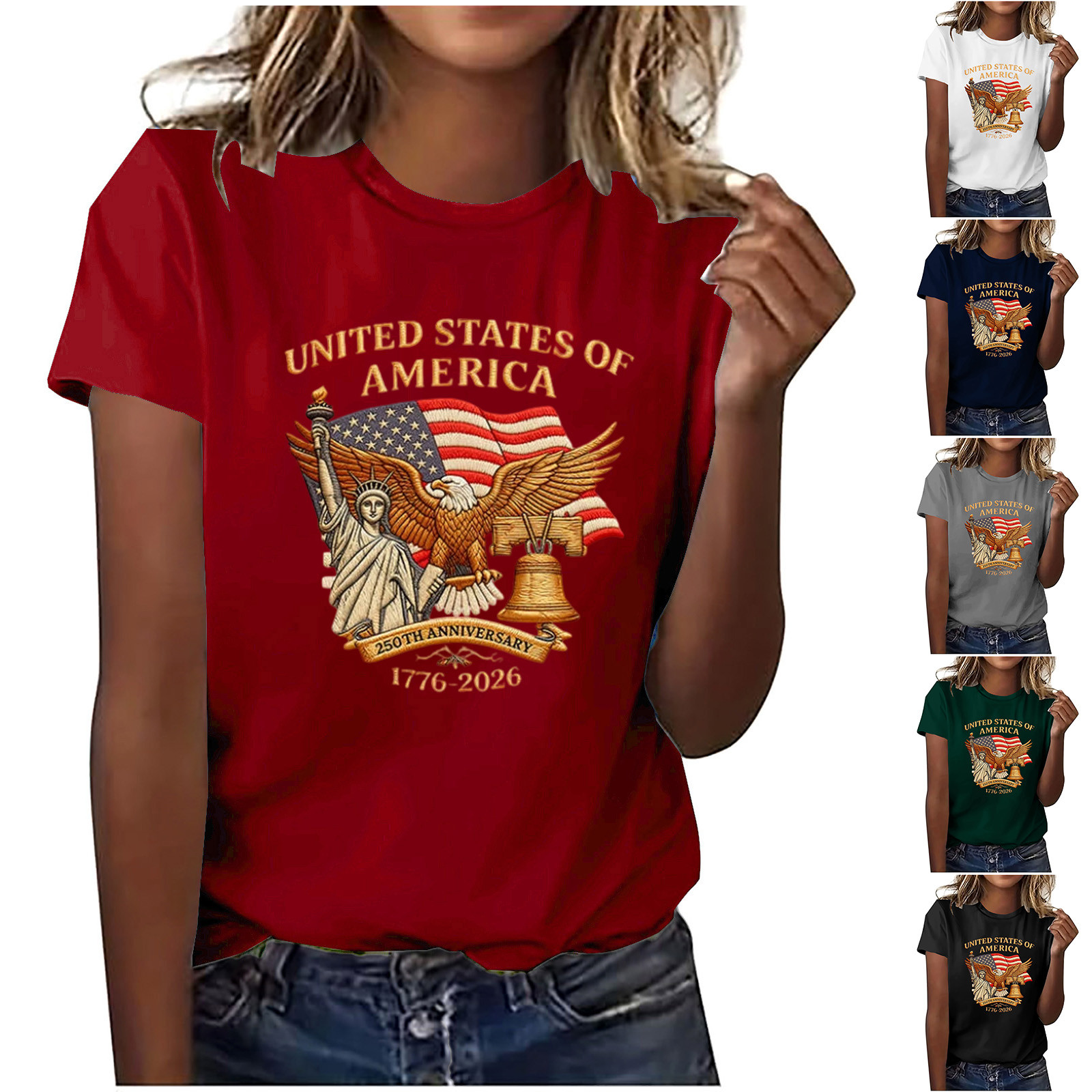 thumbnail video image 2 of Ladies 1776-2026 America Anniversary T-Shirt, Unrestricted Loose Fit Printed Graphic Shirt, Comfy Lightweight Daily Wear, Summer Festival, Founding Milestone Anniversary Fashion, 2 of 9