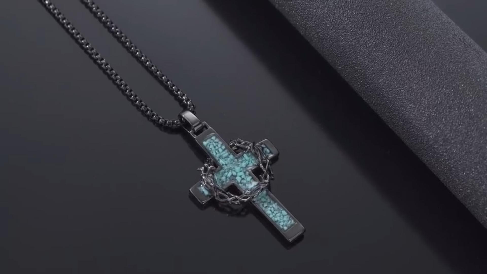 thumbnail video image 2 of Coachuhhar Opal Cross Necklace for Men 925 Sterling Silver Crucifix Crown of Thorns Pendant Necklace Religion Catholic Jewelry Gifts for Father Husband Son, 2 of 7