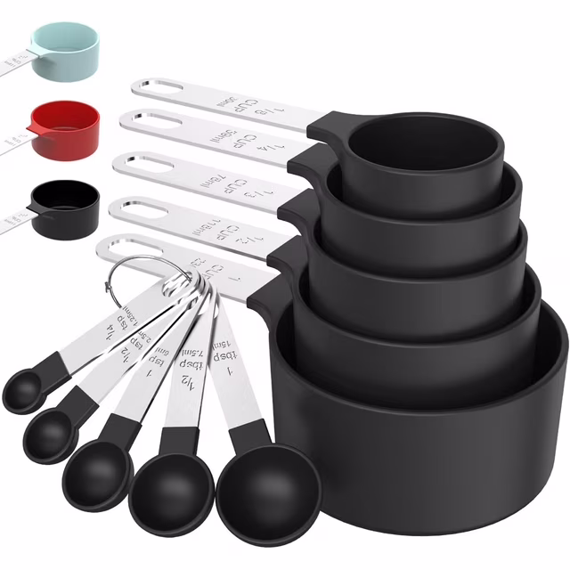 thumbnail video image 2 of Multiple Sizes Stainless Steel and Food Safe Plastic Stackable Dishwasher Safe Measuring Cups With 5 Measuring Spoons, 2 of 8