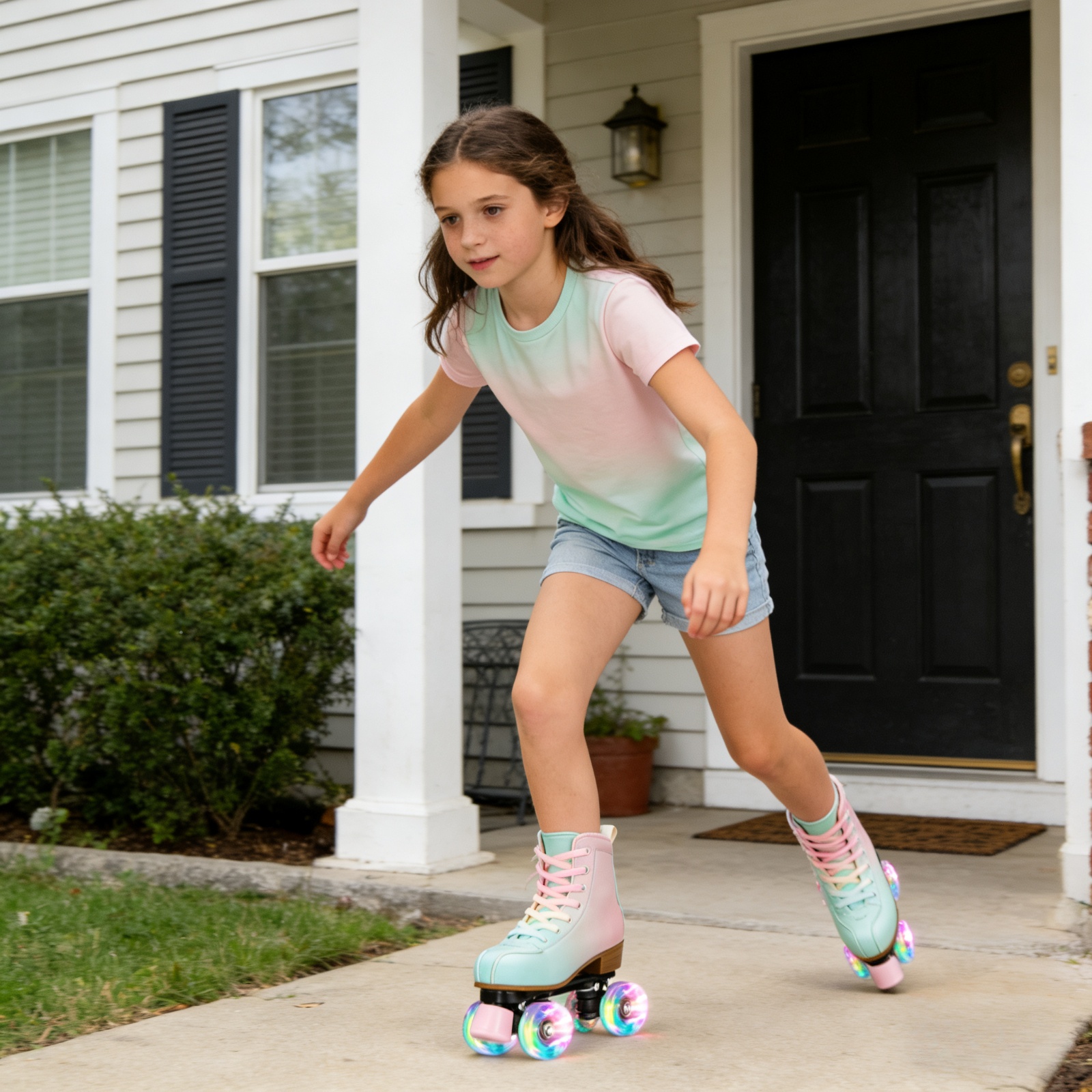 thumbnail video image 2 of FACNOATIHN Roller Skate, Girls Women Fashion Classic High-top Roller Skates with Light up wheels, Green&Pink (Women's 10), 2 of 11