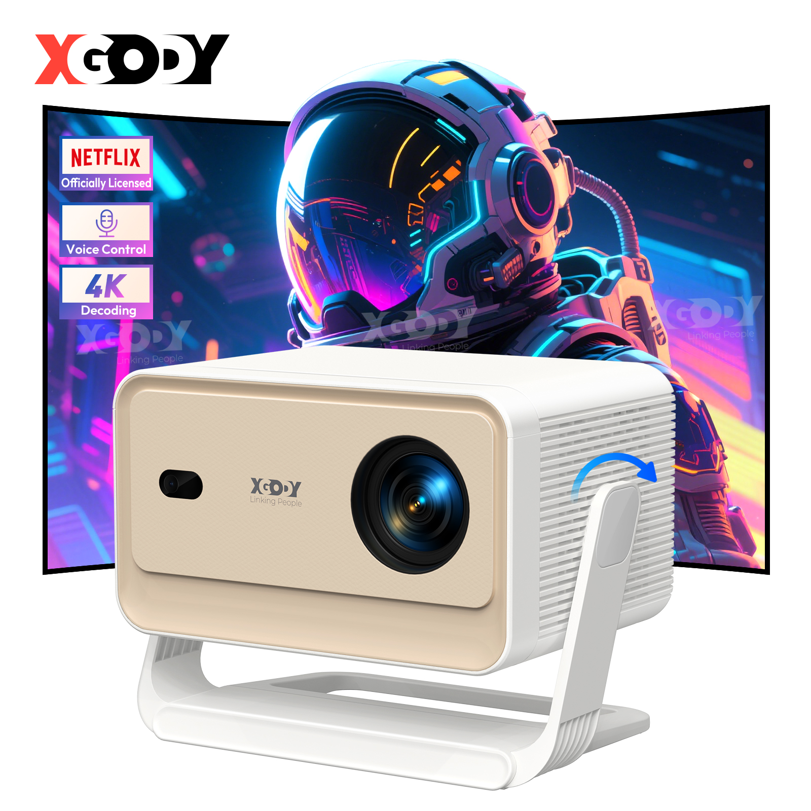 thumbnail video image 2 of XGODY N6 Pro 1080P Netflix Licensed 700 ANSI Smart Projector with Wifi and Bluetooth,Aspect Ratio16:9 for Home Theater/Outdoor,1.3KG Light Gold,1Count, 2 of 19