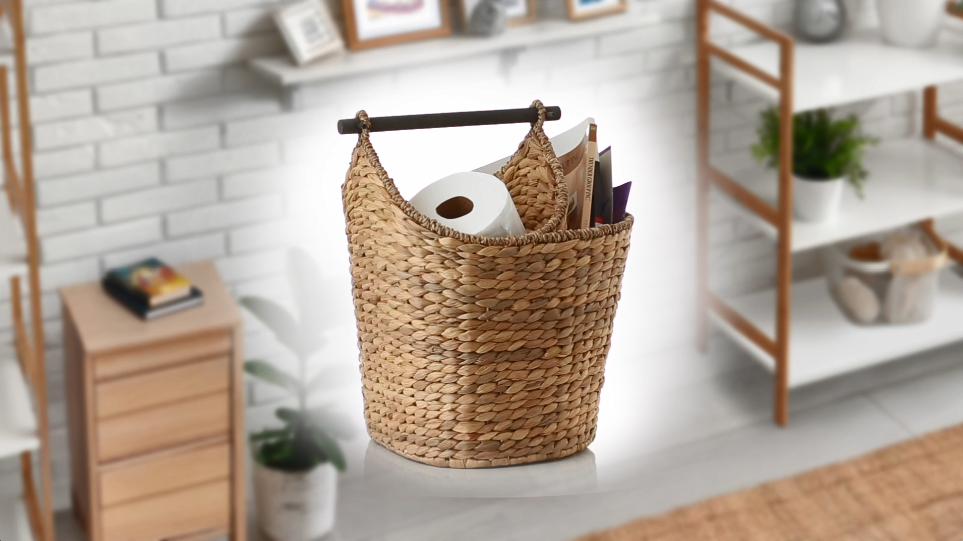 thumbnail video image 2 of Casafield Toilet Paper Magazine Storage Basket with Roll Holder, Natural - Woven Water Hyacinth Wicker Bathroom Storage Bin, 2 of 8
