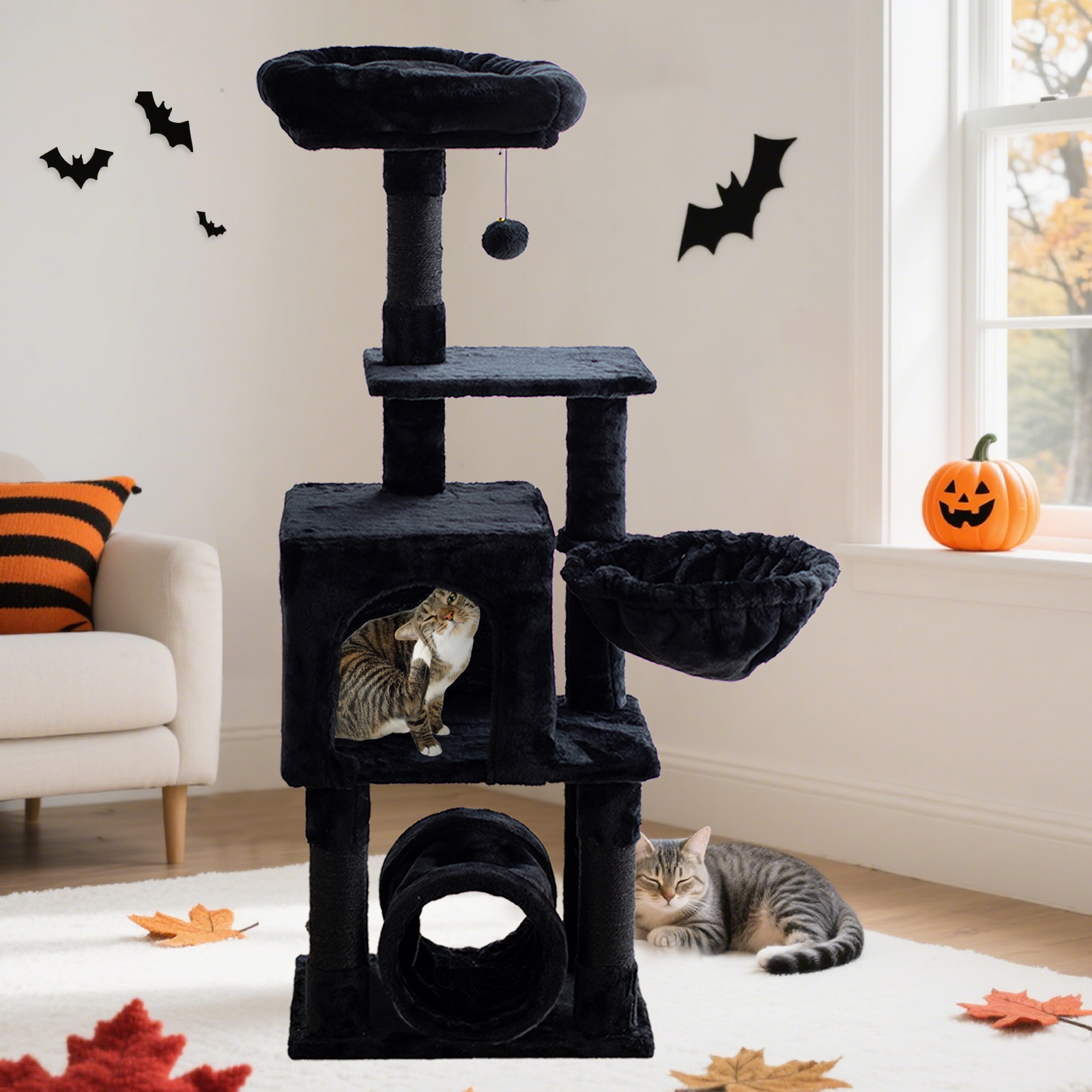 thumbnail video image 2 of Senbonry 49in Gothic Cat Tree Tower for Indoor Cats with Scratching Posts, 9 Inchs Tunnel, Condo, Basket, Pompoms,Black, 2 of 9