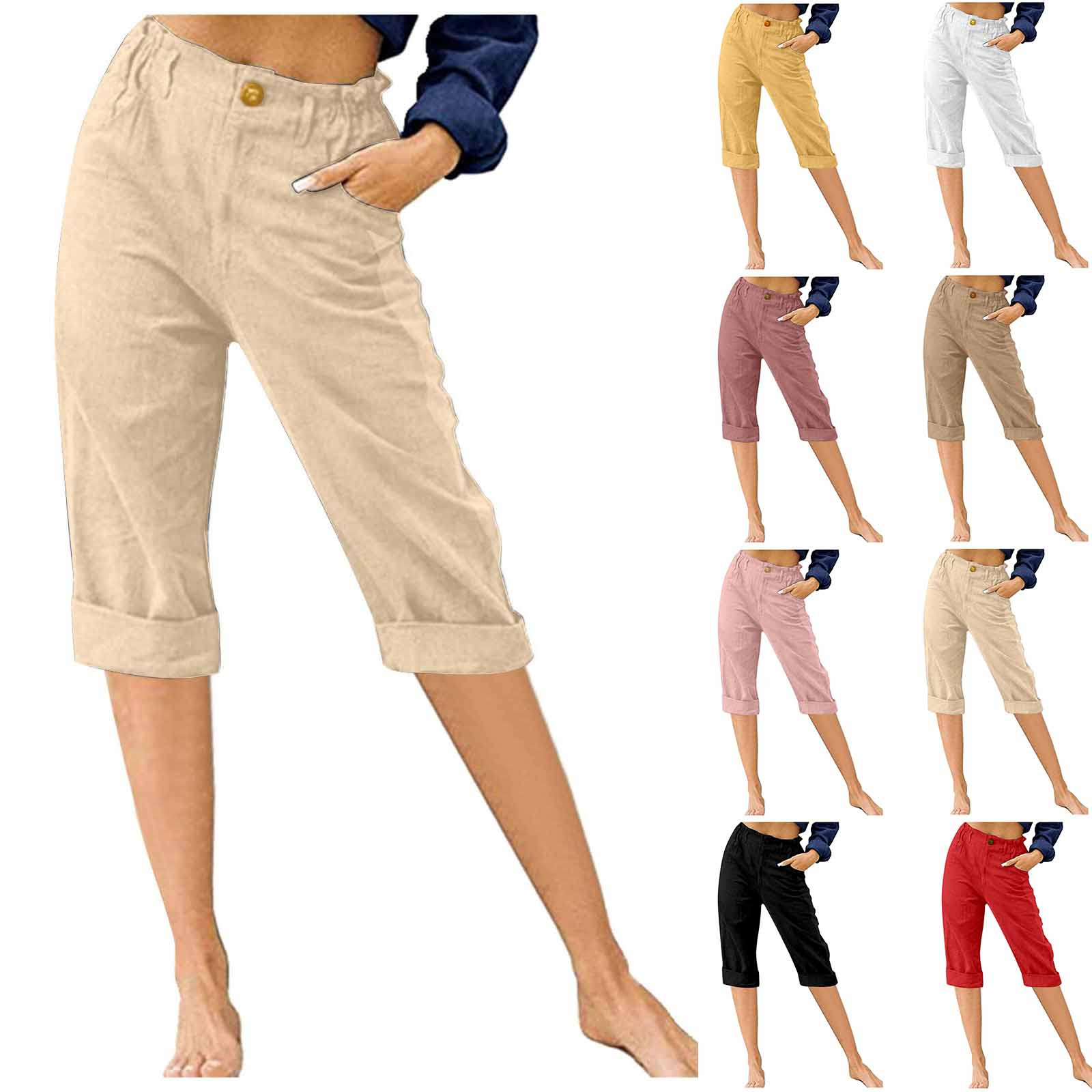 thumbnail video image 2 of WREESH Womens Summer Casual Linen Pants Capri Pants High Waisted Wide Leg Cropped Pants Solid Color Casual Boho Beach Pants Wine, 2 of 5