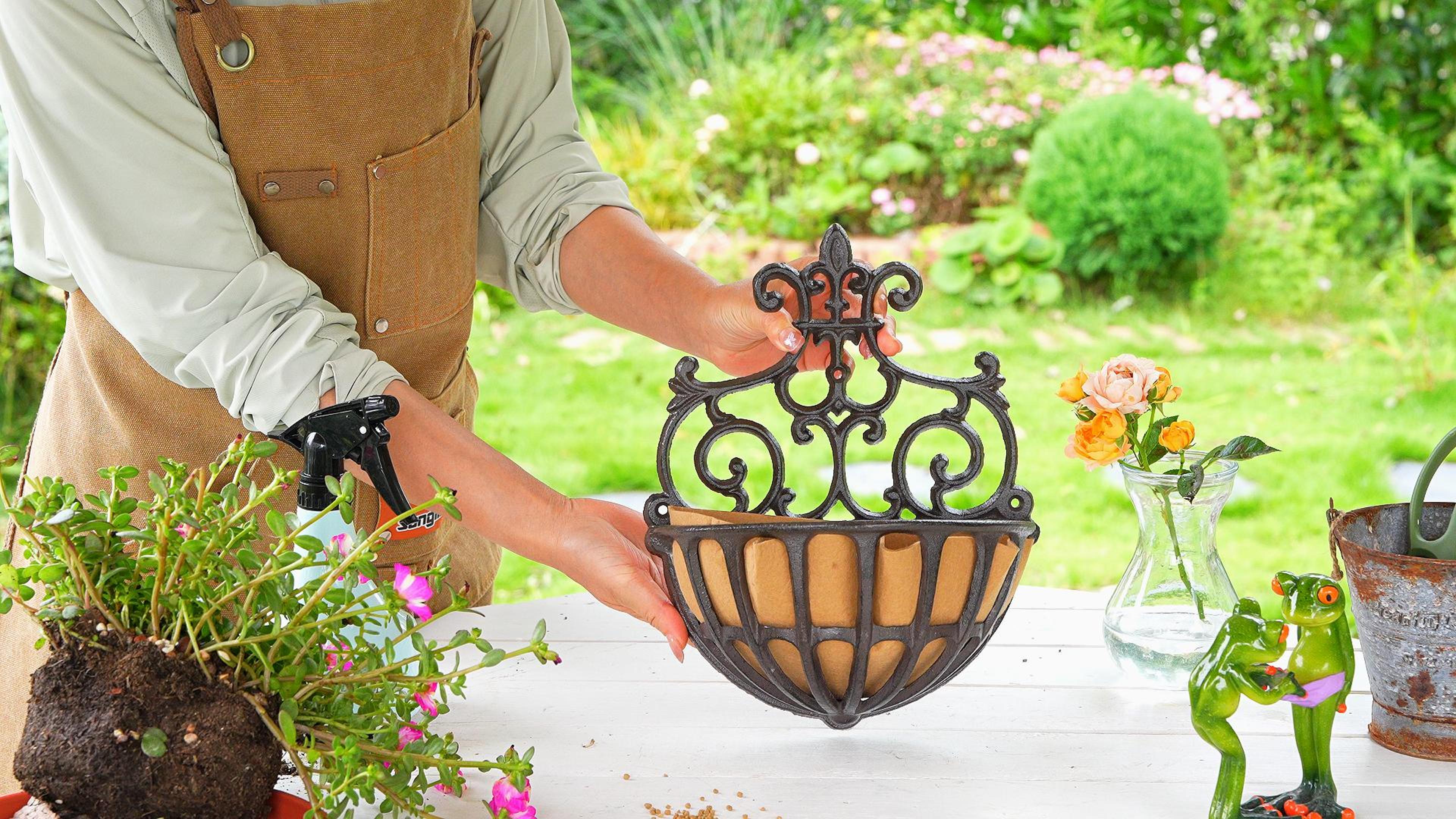 thumbnail video image 2 of Sungmor Cast Iron Wall Baskets, Hollow Planter w/Fabric Liner, Half-Round Wall Pot Plants Holder, 2-Count, 2 of 10