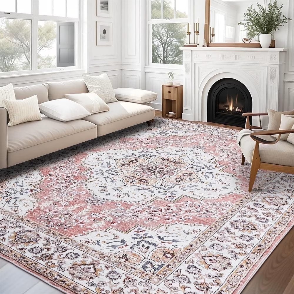 thumbnail video image 2 of Wondiair 6'x9' Rose Pink Vintage Persian Area Rug– Washable Non-Slip Soft Carpet for Living Room, Bedroom, Dining Room, 2 of 9
