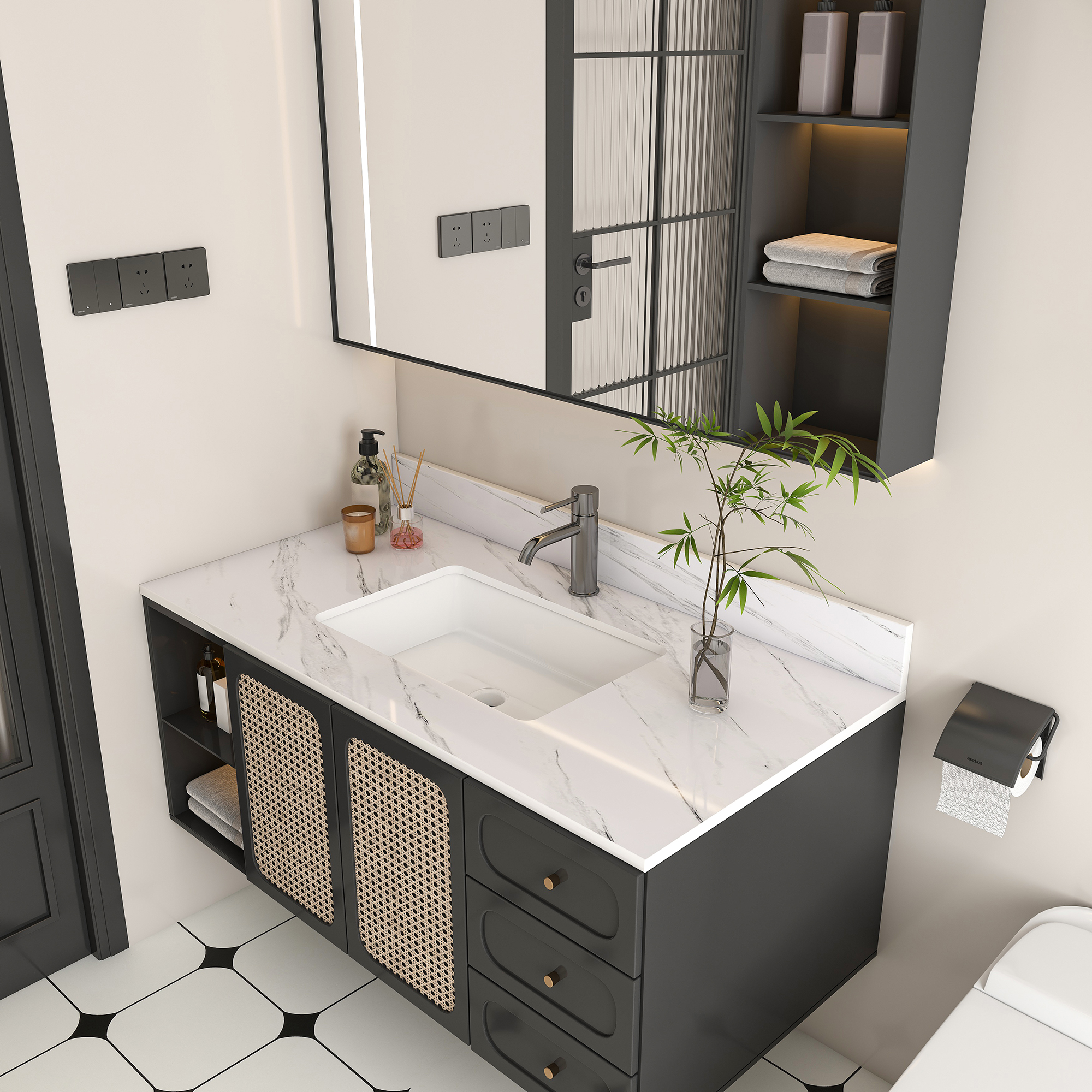 thumbnail video image 2 of 43 Inch Marble Vanity Top, White Vanity Top with 1 Pre-drilled Faucet Holes, Bathroom Vanity Top with Undermount Rectangular Middle Sink and 4" Height Backsplash, The Cabinet are not Included, 2 of 12