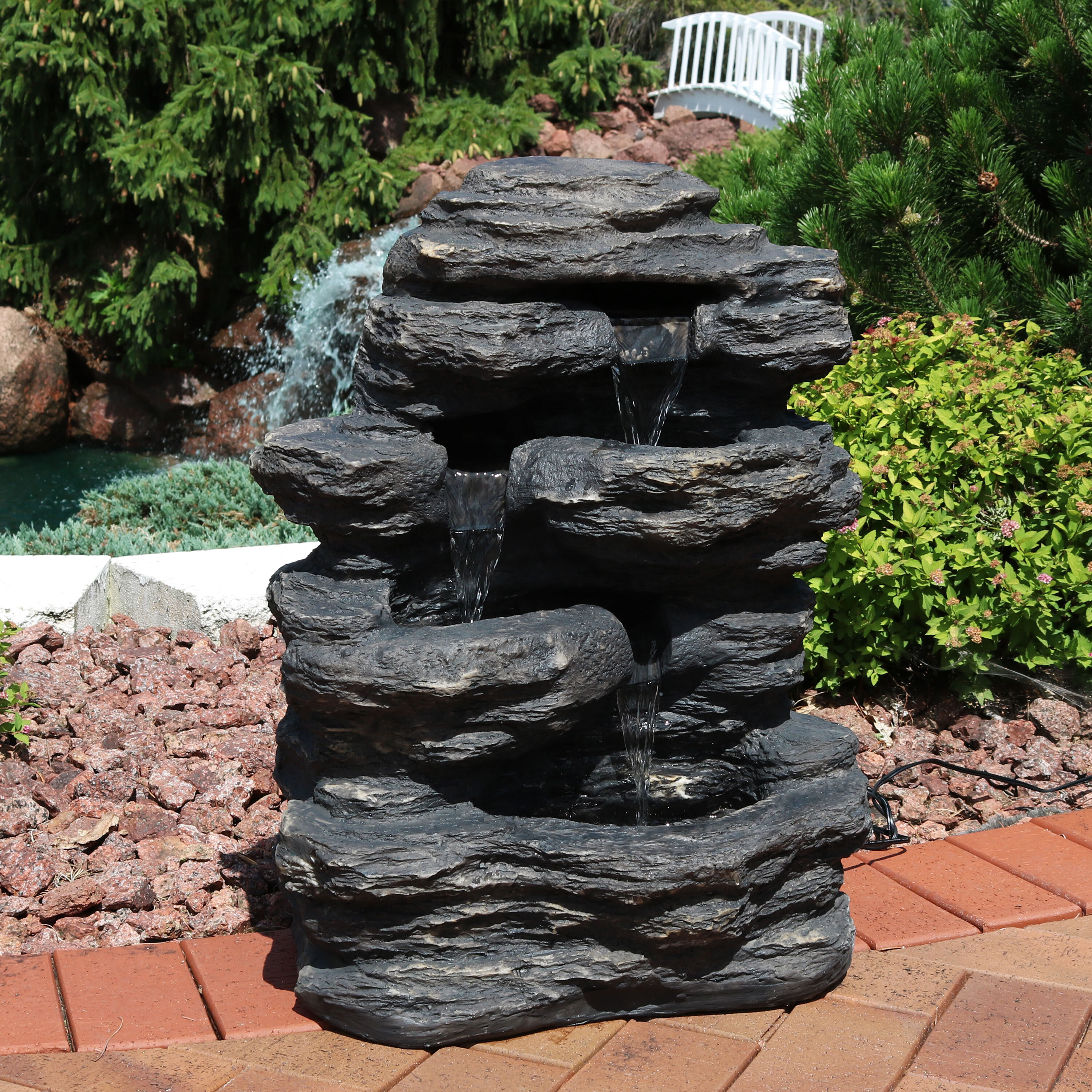 thumbnail video image 2 of Sunnydaze Rocky Falls Resin Outdoor Water Fountain with Lights, 2 of 9