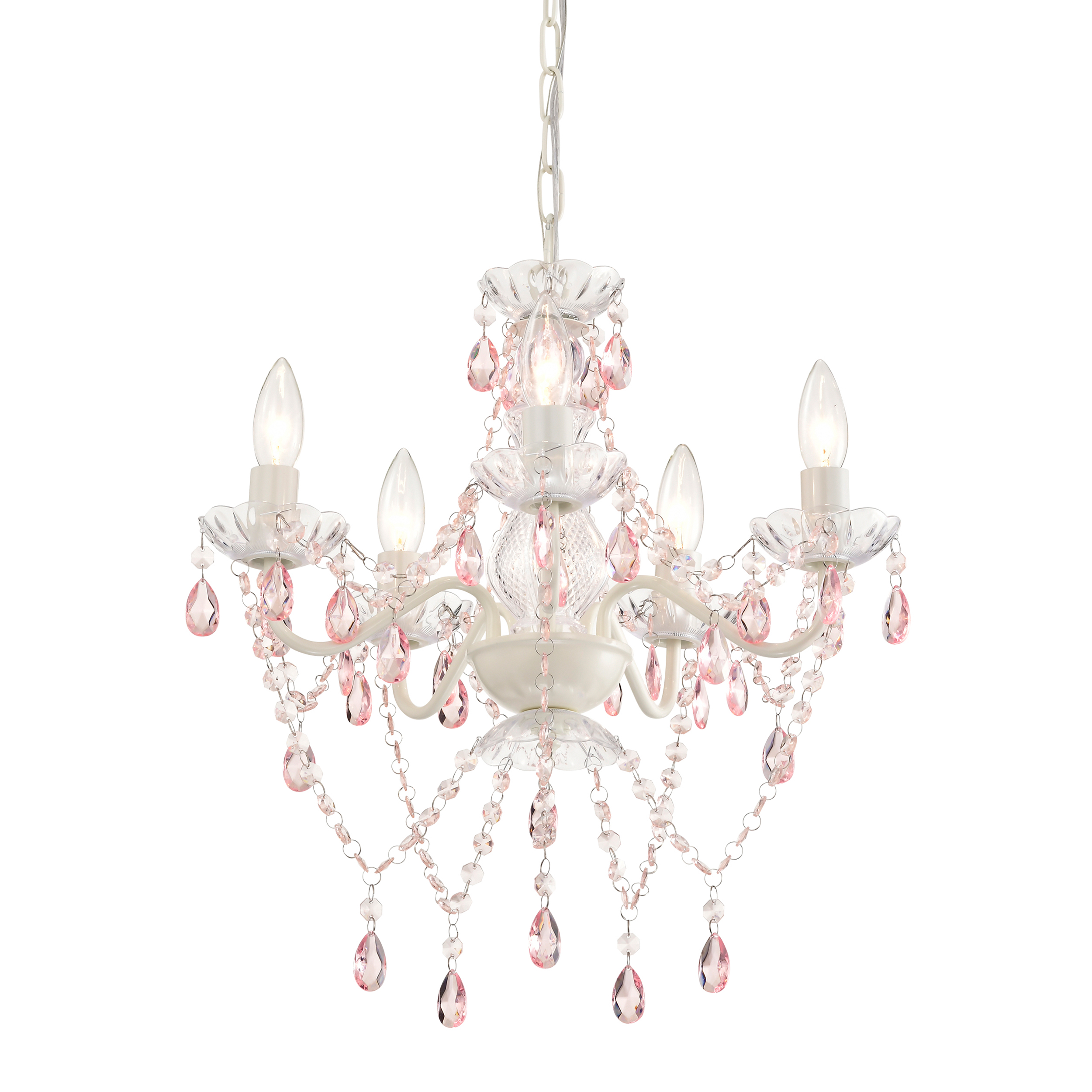 thumbnail video image 2 of Small Crystal Chandelier 5-Light Pink and White Ceiling Fixture for Girls Bedroom, Nursery Dining Room, 2 of 9