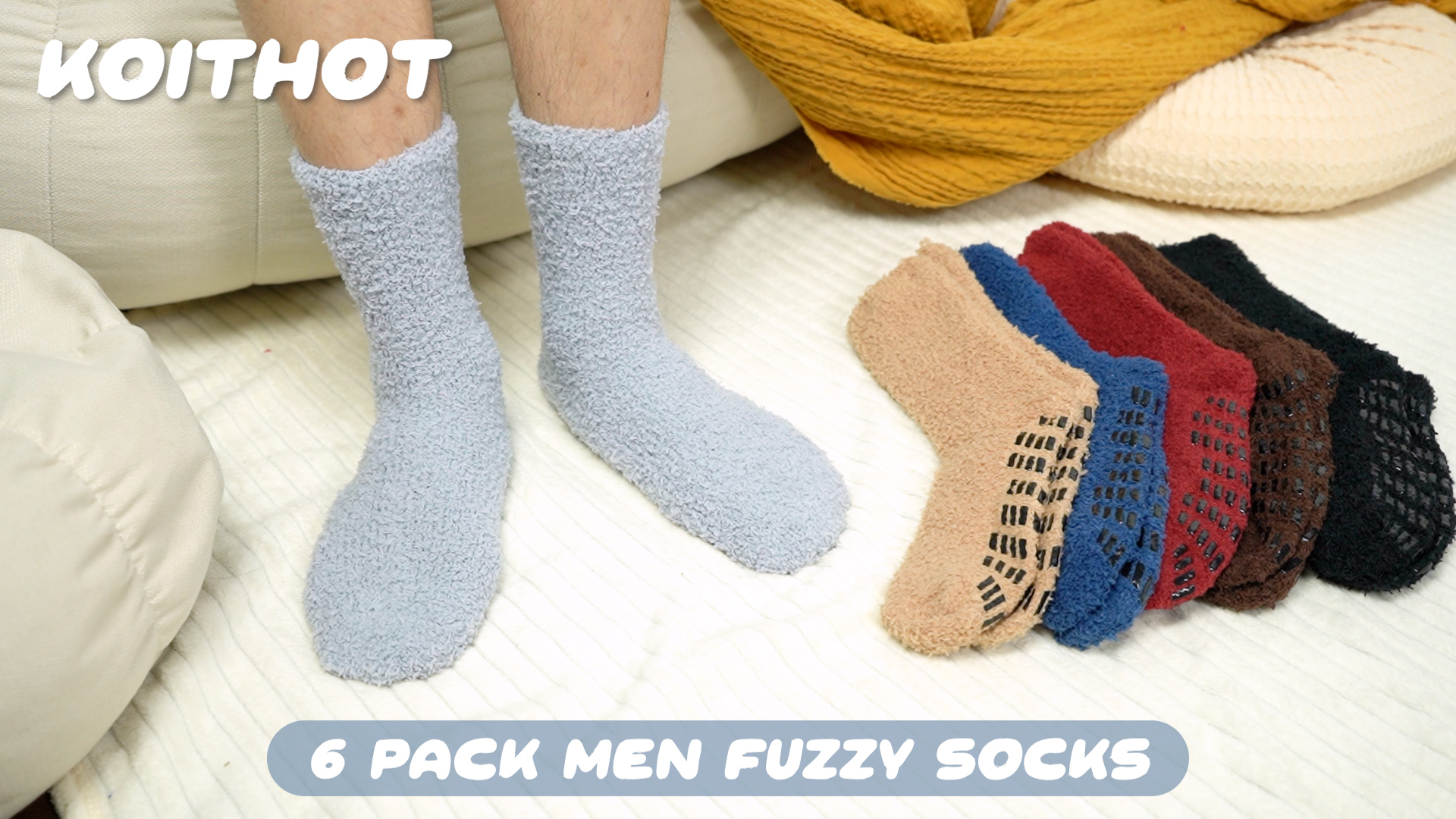 thumbnail video image 2 of KOITHOT 6 Pack Men Fuzzy Socks Warm Winter Soft Fluffy Cozy Slipper Fleece Socks for Men, 2 of 9