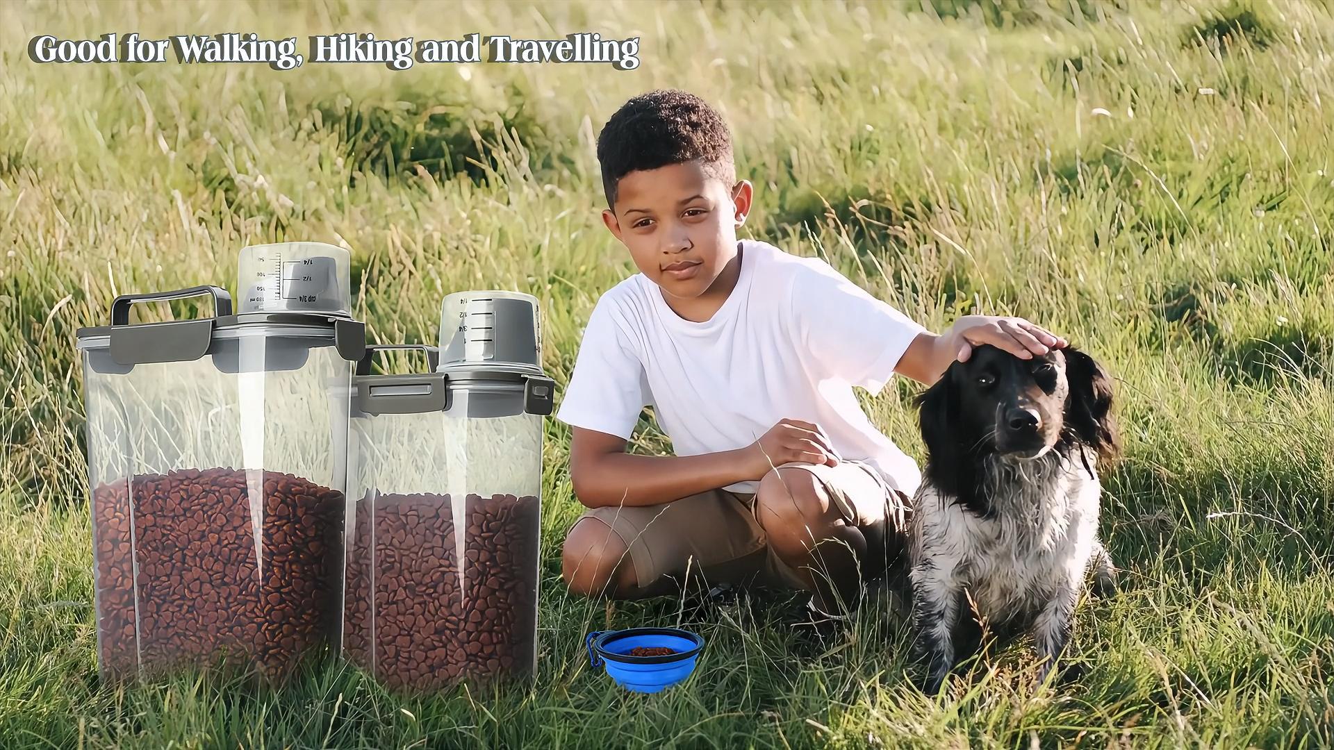 thumbnail video image 2 of TIOVERY Dog Food Storage Container, 5-7 Lbs Airtight Pet Food Container, Cat Food Container Dispenser Plastic Bin with Pouring Spout, Portable Handle and a Collapsible bowl for Dogs Cats (Grey/6Qt), 2 of 8