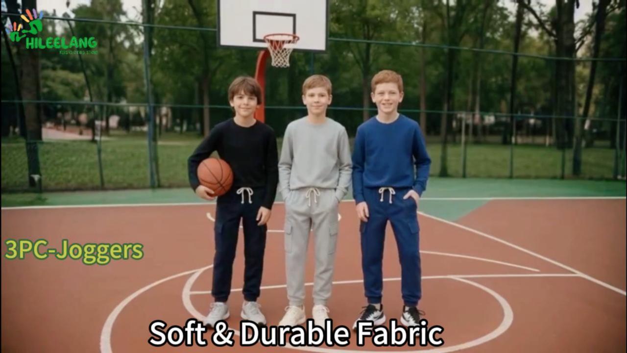 thumbnail video image 2 of HILEELANG 3-Pack Boys' Sweatpants 5-15 Years Black/Charcoal/Blue Elastic Waist Pants 11-12T, 2 of 9