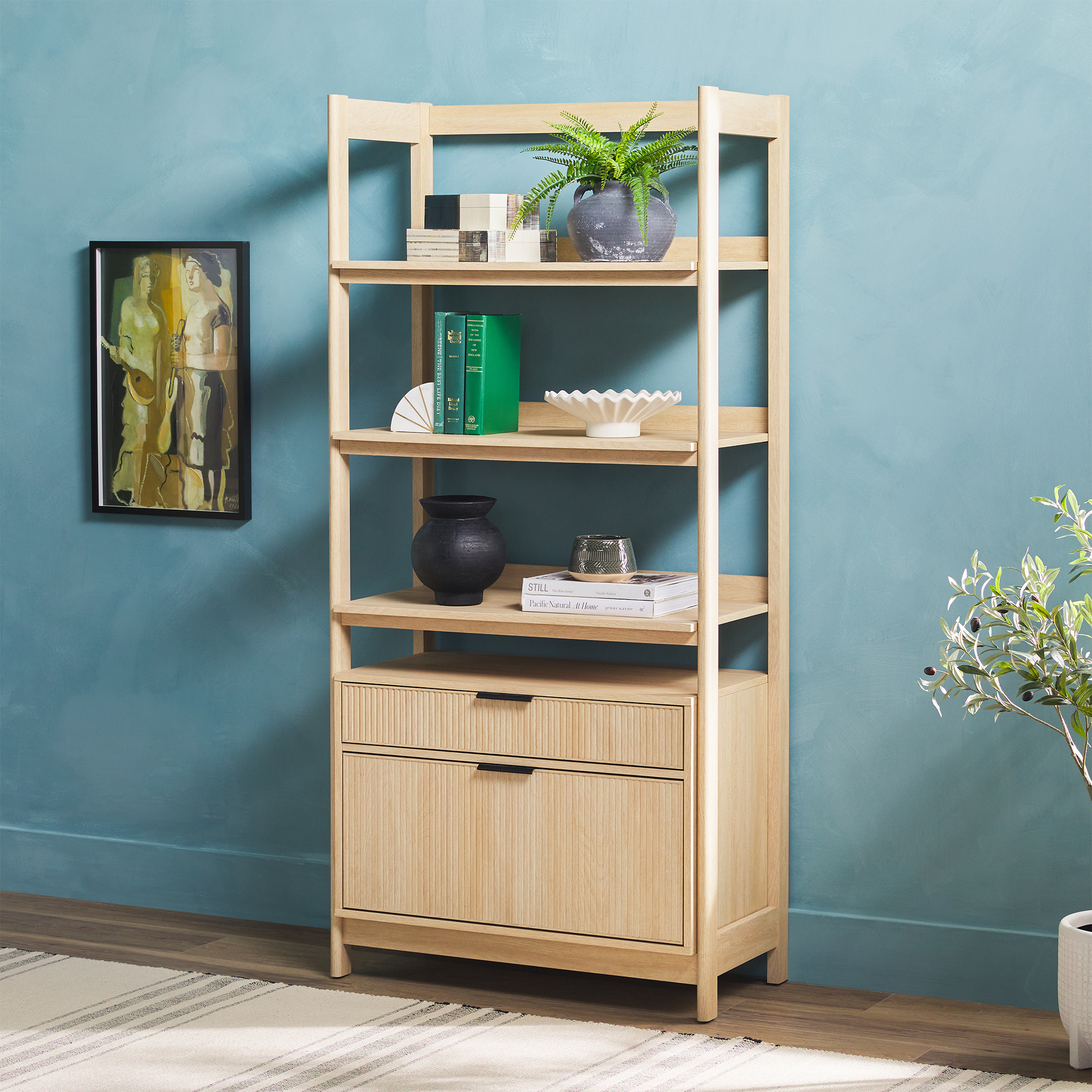 thumbnail video image 2 of Walker Edison Transitional Wide Bookshelf with Drawers, Coastal Oak, 2 of 20