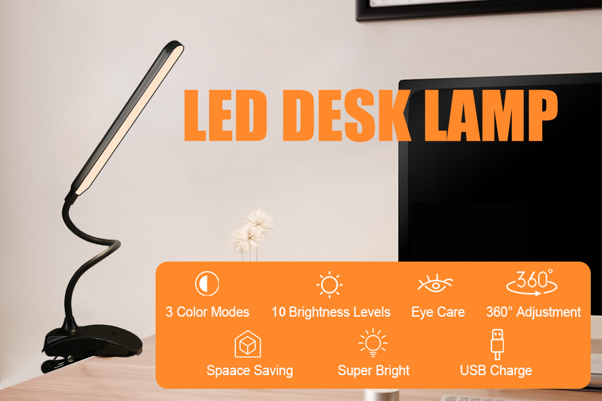 thumbnail video image 2 of Desk Lamp Clip on Light, Desk Light with 3 Lighting Modes, Dimmable 4 Brightness Levels, 360° Adjustable Gooseneck, Eye-Caring Small Lamp for Bed Headboard Reading Makeup Eyebrow, 2 of 8