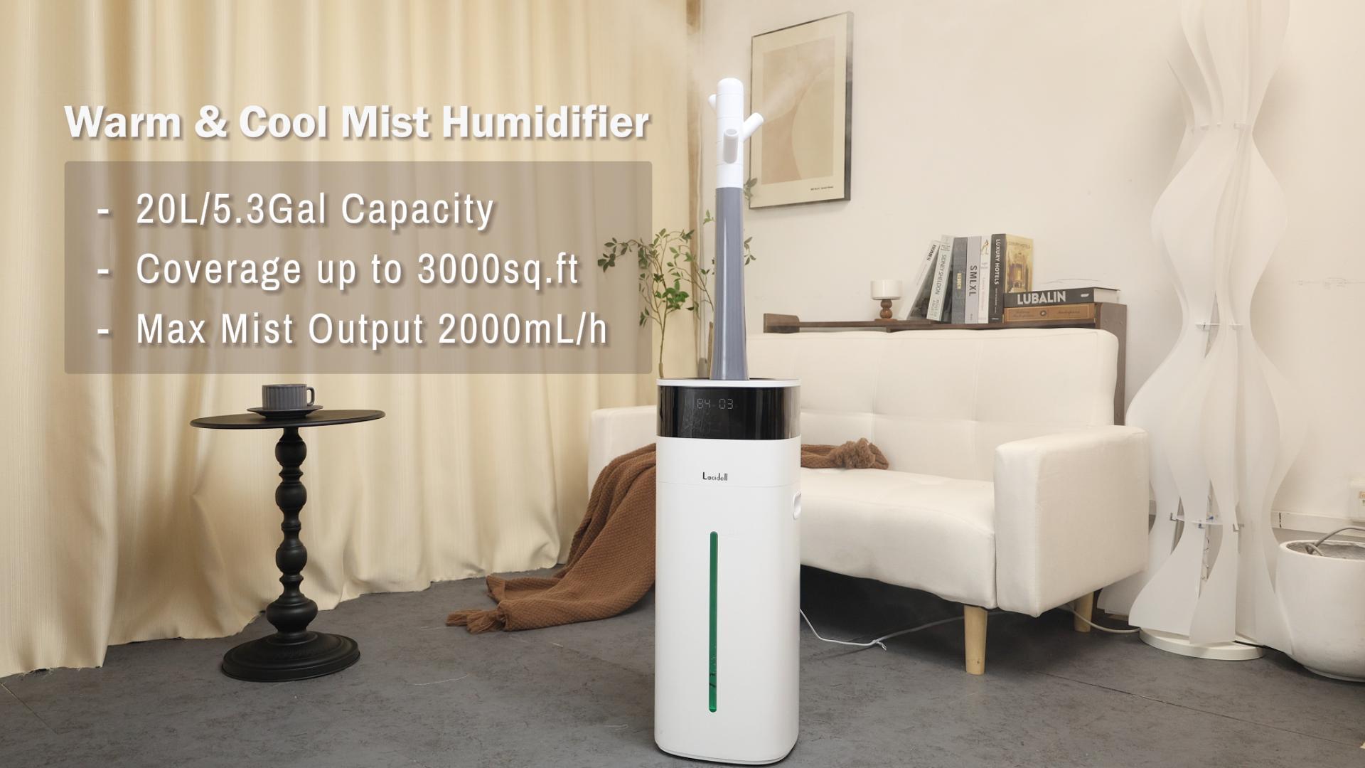 thumbnail video image 2 of Large Room Humidifier, Cool & Warm Mist, 20L/5.3Gal Whole House Humidifier with Essential Oil Diffuser, Extended Tube, Covers up to 2000 Sq ft White, 2 of 8