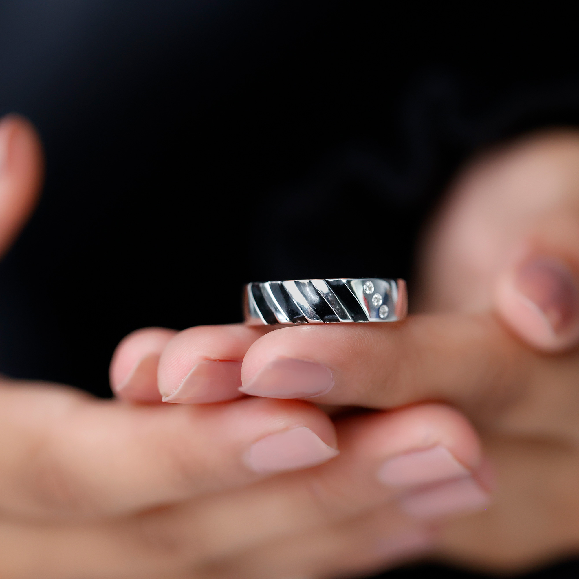 thumbnail video image 2 of Rosec Jewels Real Diamond Band Ring with Black Enamel for Men - HI-SI Quality, 14K White Gold, US 6.00, 2 of 7