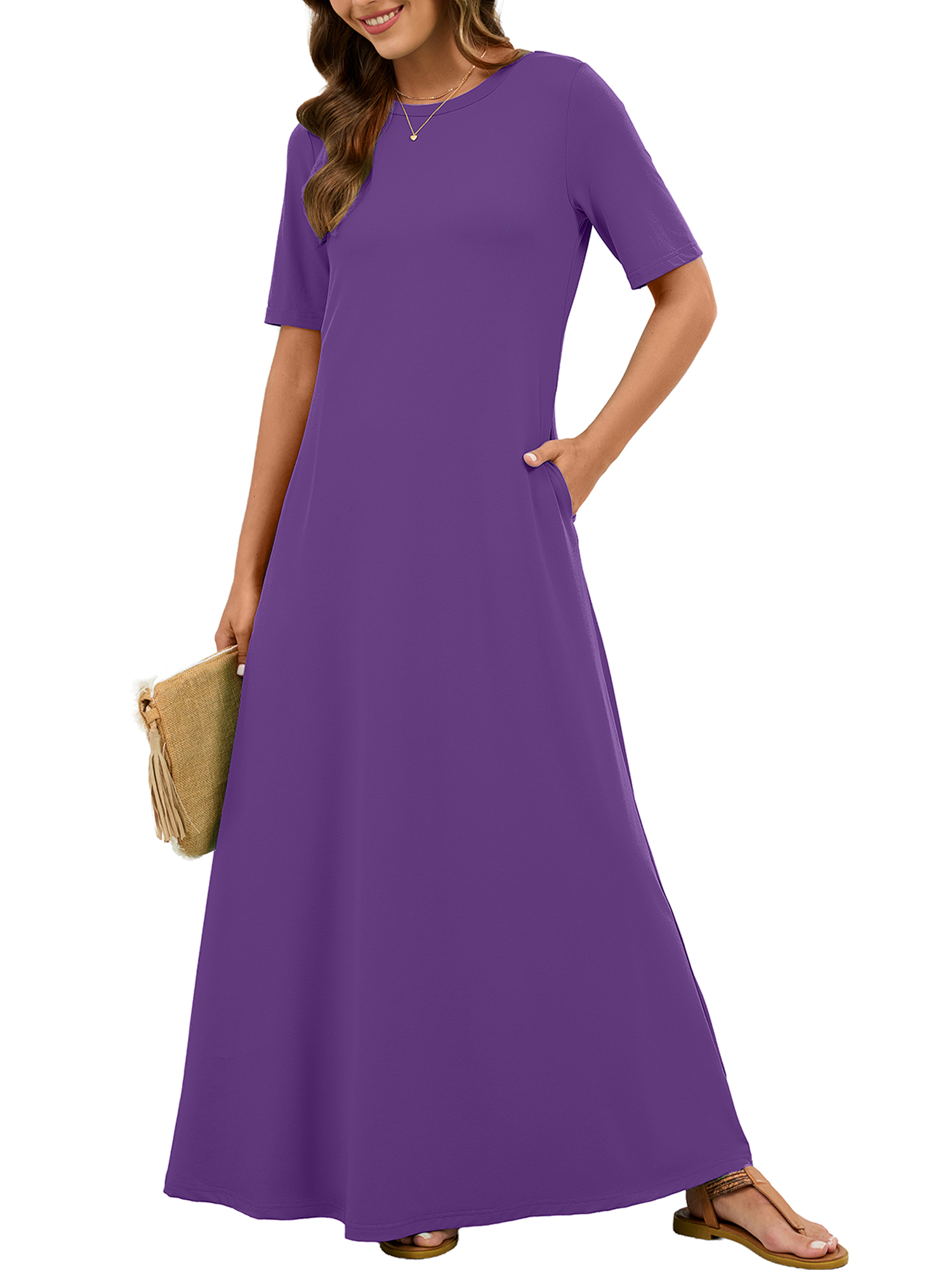 thumbnail video image 2 of Chiclily Women's Summer Short Sleeve Maxi Dress with Pockets - Soft Casual Loose Long Boho Sundress for Beach & Vacation, Purple Size L, 2 of 8