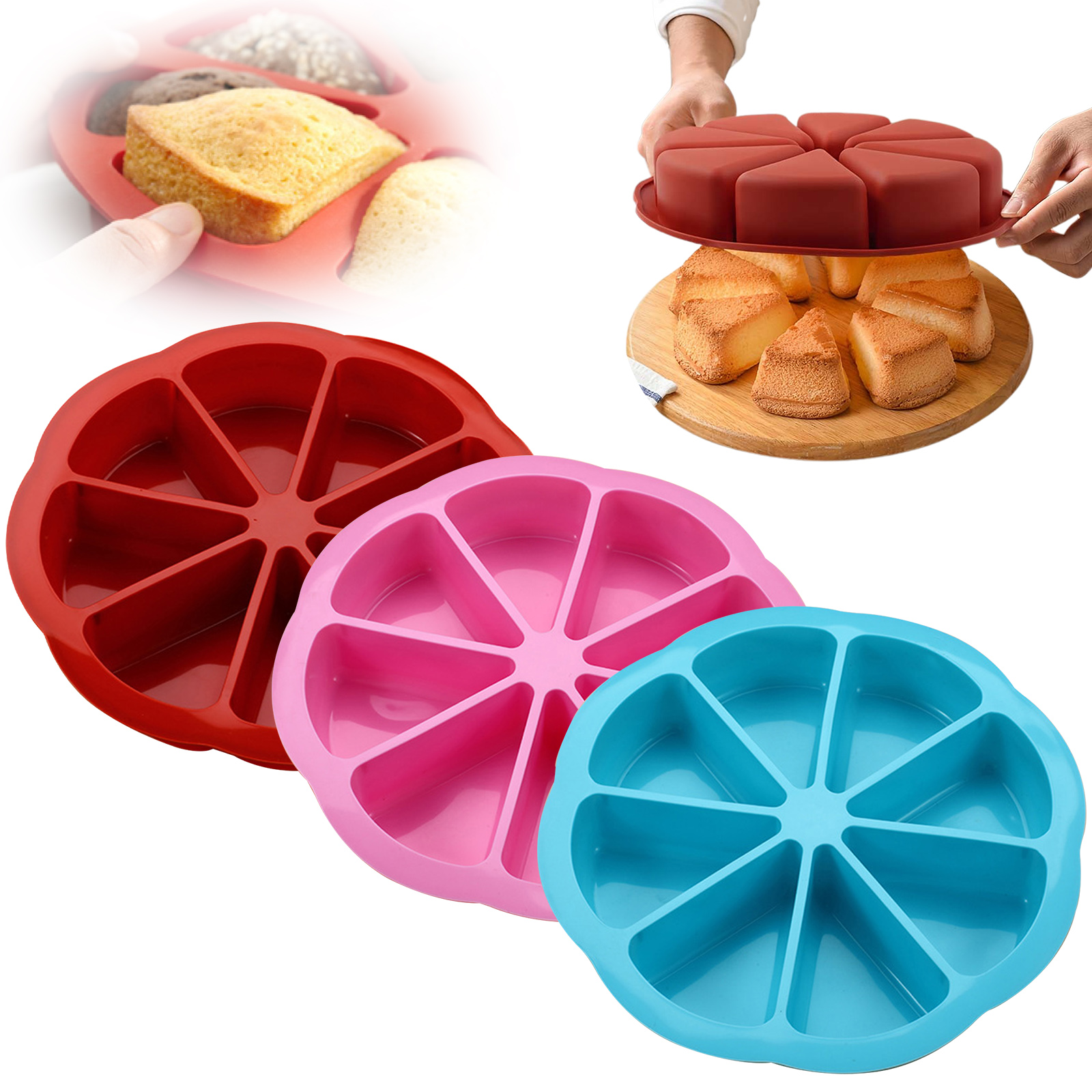 thumbnail video image 2 of Coziro Triangle Silicone Cake Mold 8-Cavity Non-Stick Baking Pan 3-Pack Set for Muffins Cornbread, Oven Safe Easy-Release Wedge Mold Bulk Combo for Party Slices, 2 of 10