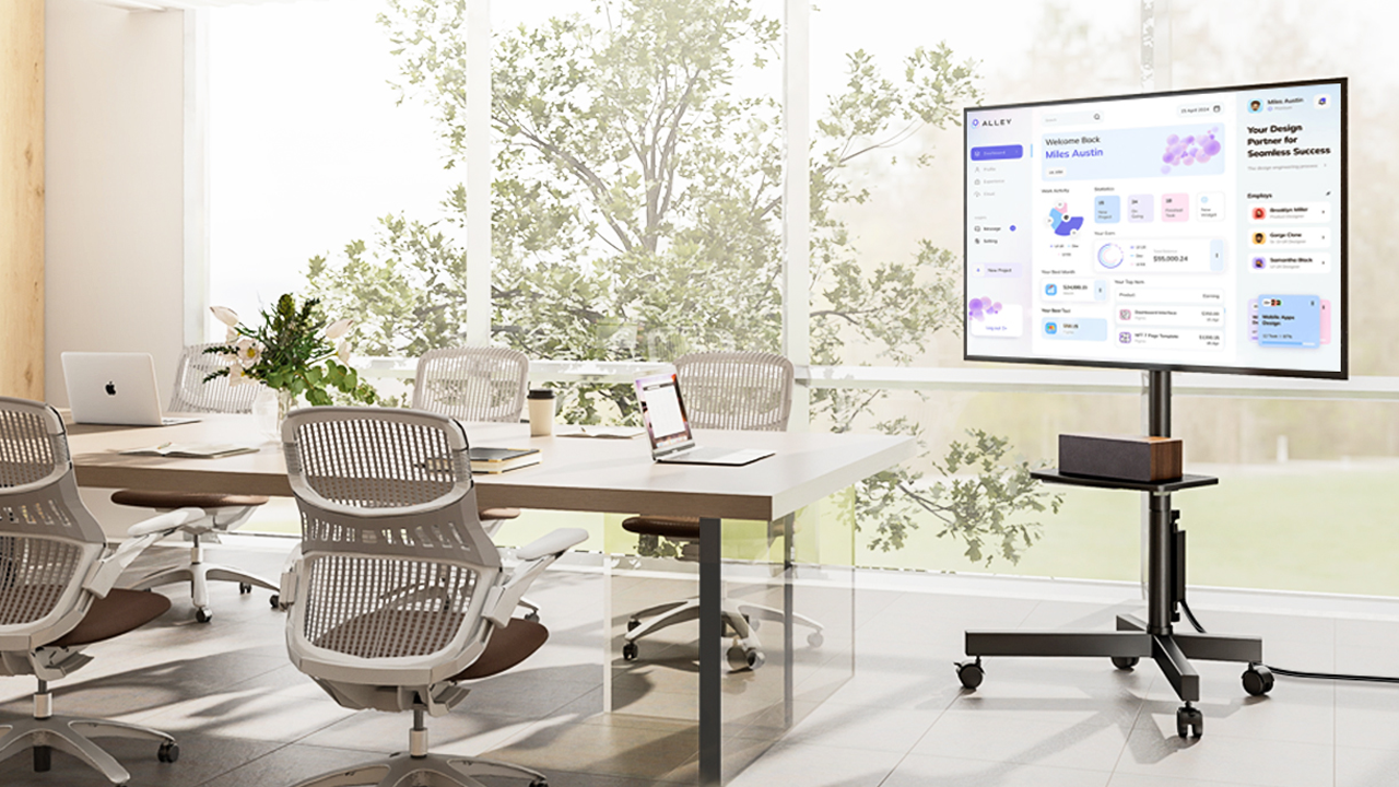 thumbnail video image 2 of RTVR Rolling TV Cart Stand for 32 to 65 inch Flat Panel Screens with Power Outlet, Mobile TV Stand Modern Black, 2 of 11