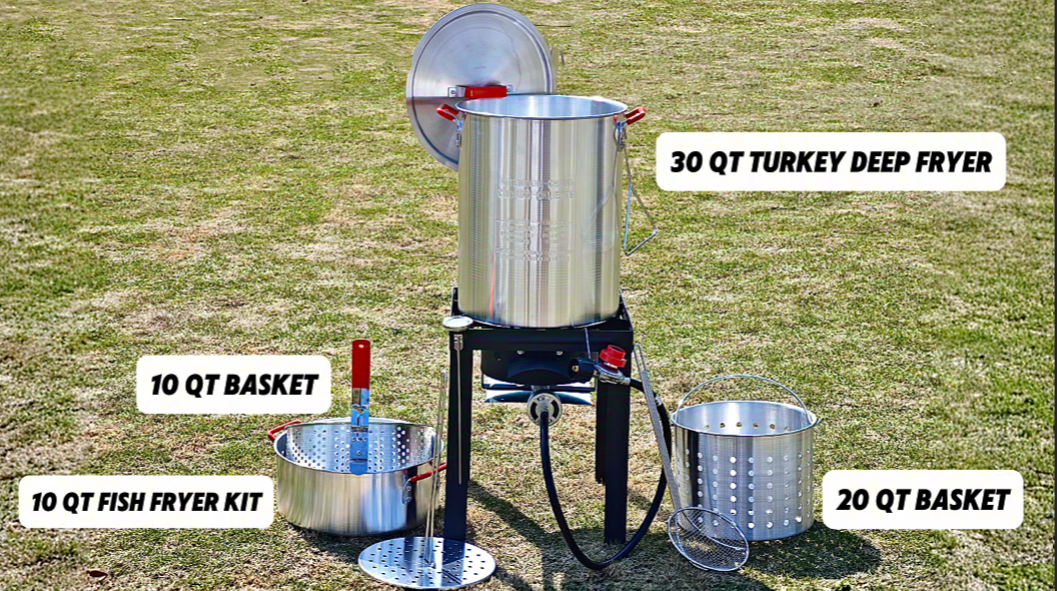 thumbnail video image 2 of 30QT & 10QT Outdoor Turkey Fryer | Seafood Boil Pot | Cover & Skimmer Included | 50,000BTU Propane Burner | Aluminum Deep Fryer Pot with Basket | Crab, Seafood & Crawfish Boiler, 2 of 9