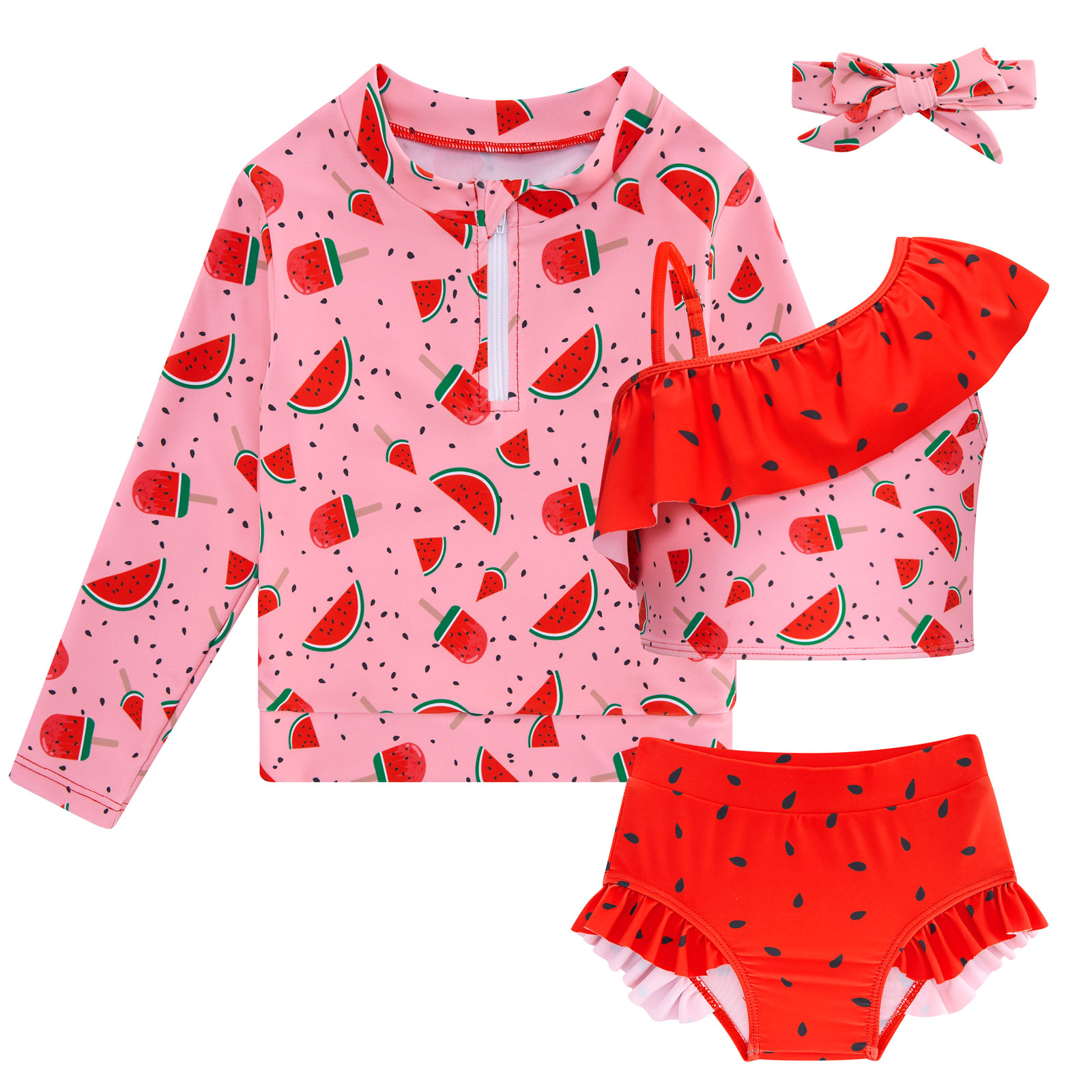 thumbnail video image 2 of Toddler Girls 4 Piece Swimsuit Long Sleeve Rash Guard Ruffle Tankini Set Bathing Suit With Headband Little Girls 2-6T, 2 of 11