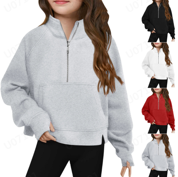 thumbnail video image 2 of HNMKIU Girls' Fashion Hoodies & Sweatshirts Long Sleeve Half Zip Pullover Top Stand Collar Loose Casual Versatile Crop Sweatshirt Z02_Grey,9-10 Years, 2 of 5