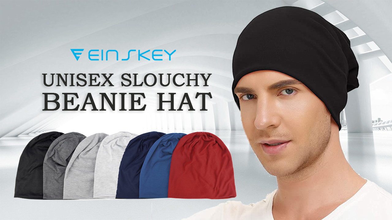 thumbnail video image 2 of EINSKEY Cotton Slouchy Beanie Hat for Men/Women, Lightweight Oversize Large Thin Skull Cap Chemo Cap Night Sleeping Cap 3 Grey,Black, 2 of 7