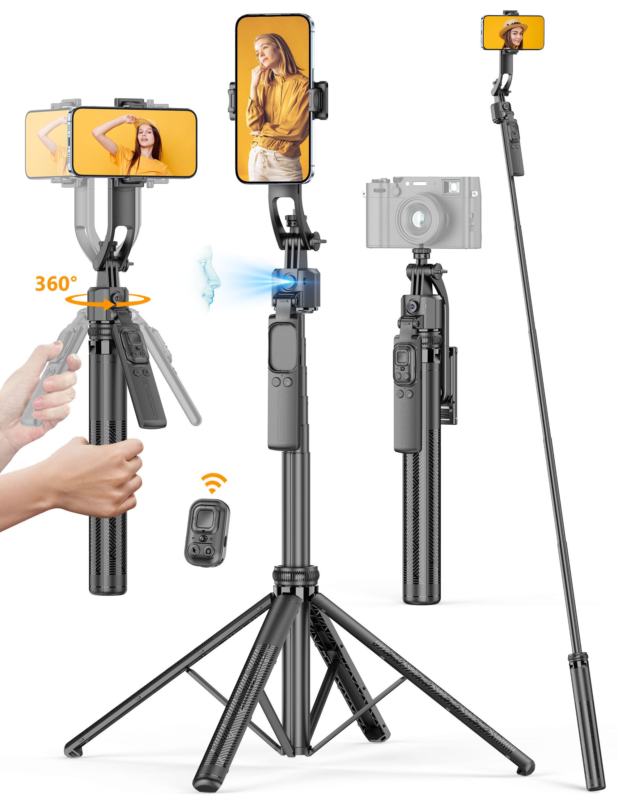 thumbnail video image 2 of SelfieShow 64'' Auto Face Tracking Tripod 360 Rotation with Stand,Handheld Stabilization, Aluminum Selfie Stick Phone Tripod with Remote & Phone Holder Compatible with iPhone, Android, Camera, GoPro, 2 of 11