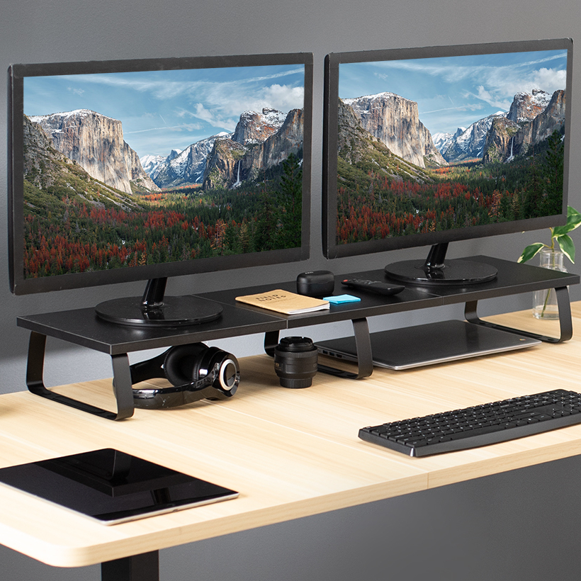 thumbnail video image 2 of VIVO Black Wood 39" Wide Desktop Stand Ergonomic TV Monitor Riser Desk Organizer, 2 of 9