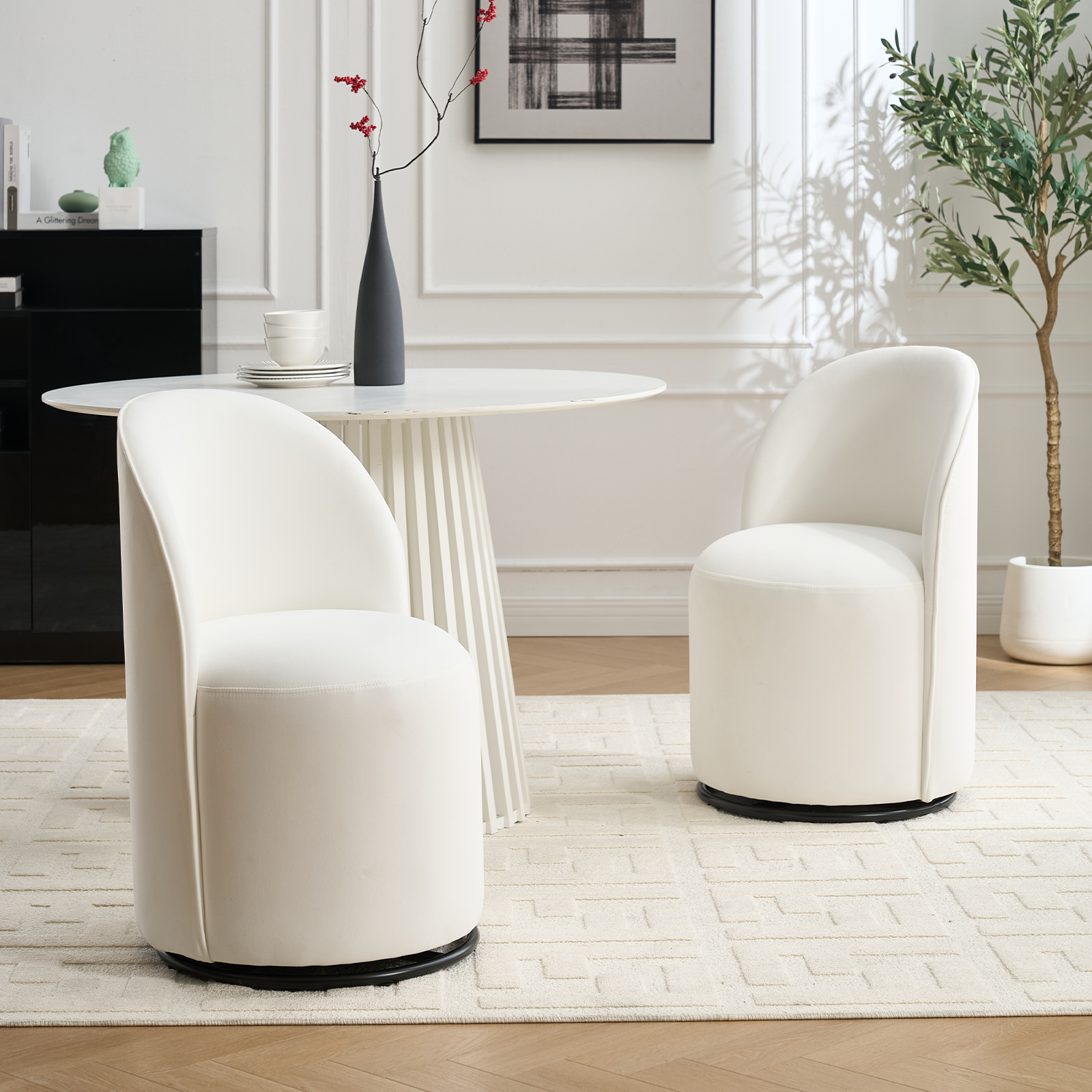 thumbnail video image 2 of TOSEE 360° Swivel Velvet Barrel Chair Set of 4, High-Density Sponge Dining Chair, Non-Slip Metal Base and Kitchen & Accent Chair, Beige, 2 of 13