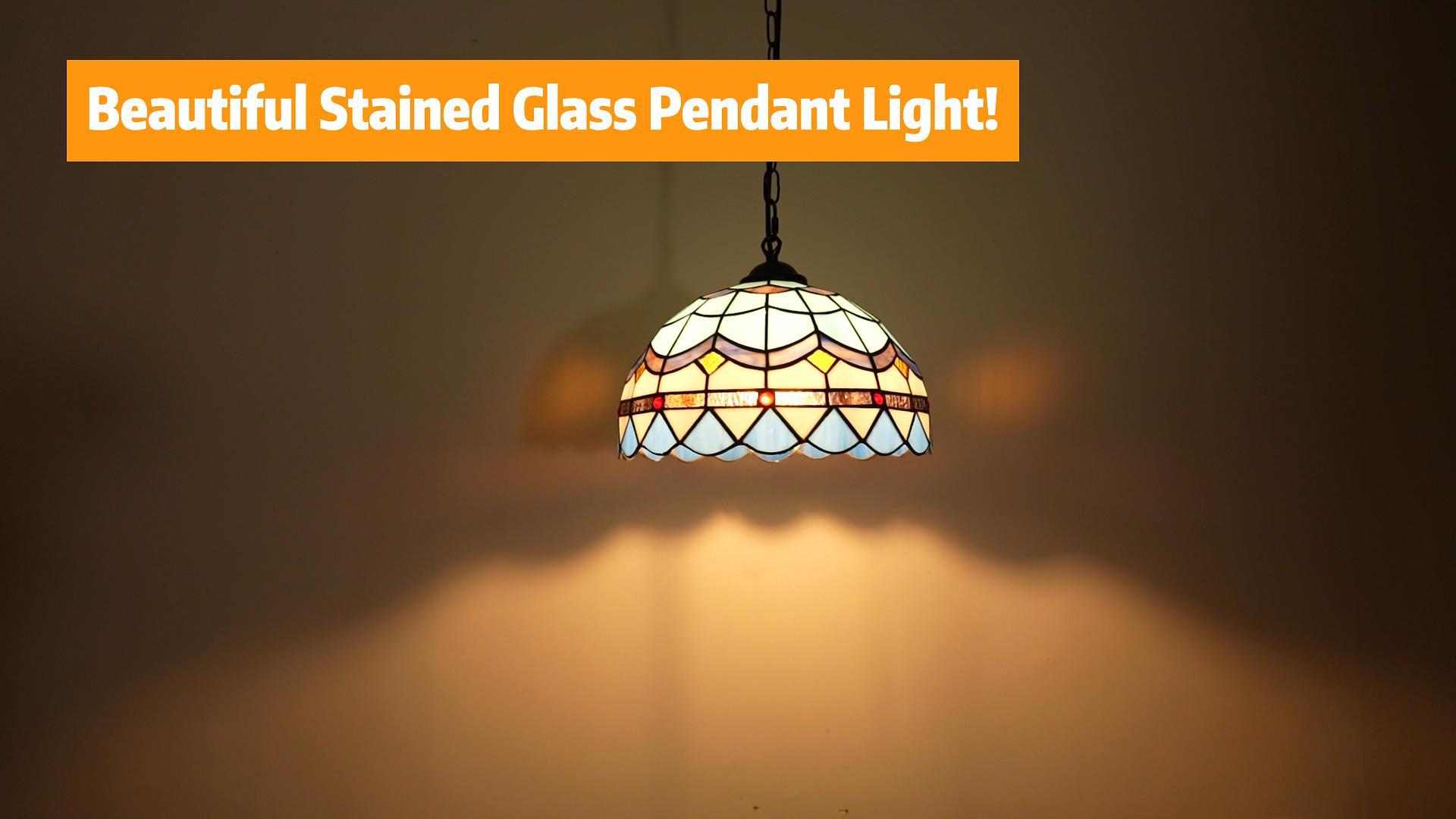 thumbnail video image 2 of Hlite Tiffany Swag Hanging Pendant Light with Plug in Cord,Blue Stained Glass Shade(11.9in),Dimmable Ceiling Lighting Fixtures for Bedroom Beside,Bulb Not Included, 2 of 13