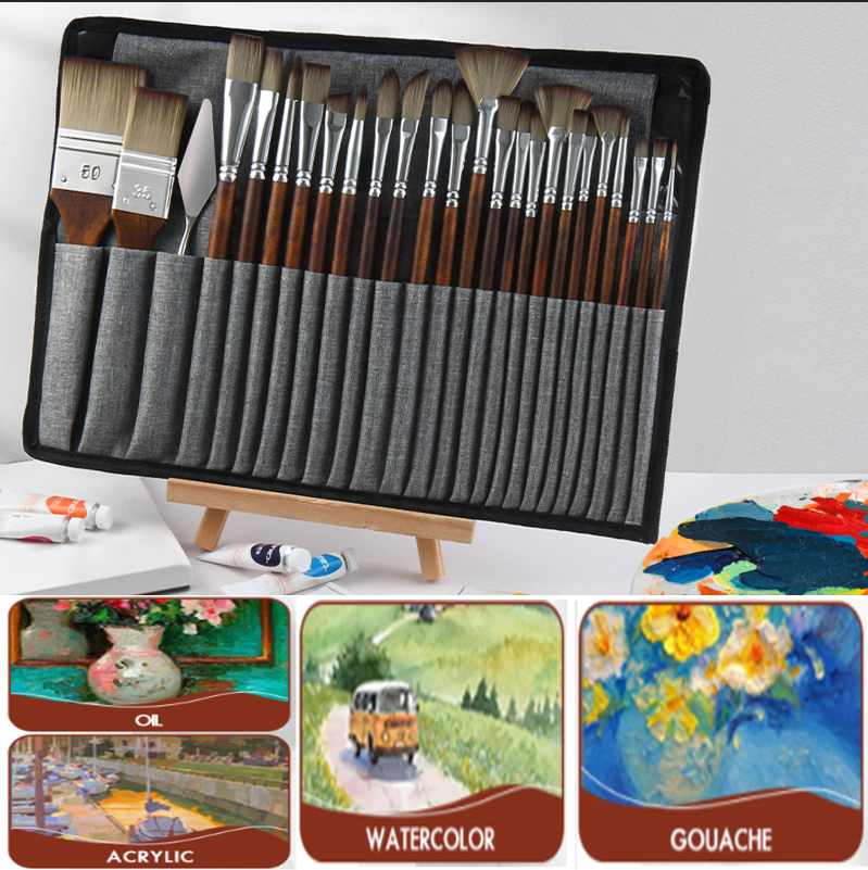 thumbnail video image 2 of MKDAQIQIU 25pcs Paint Brush Set,  Oil Paint Brushes, Brown, 2 of 8